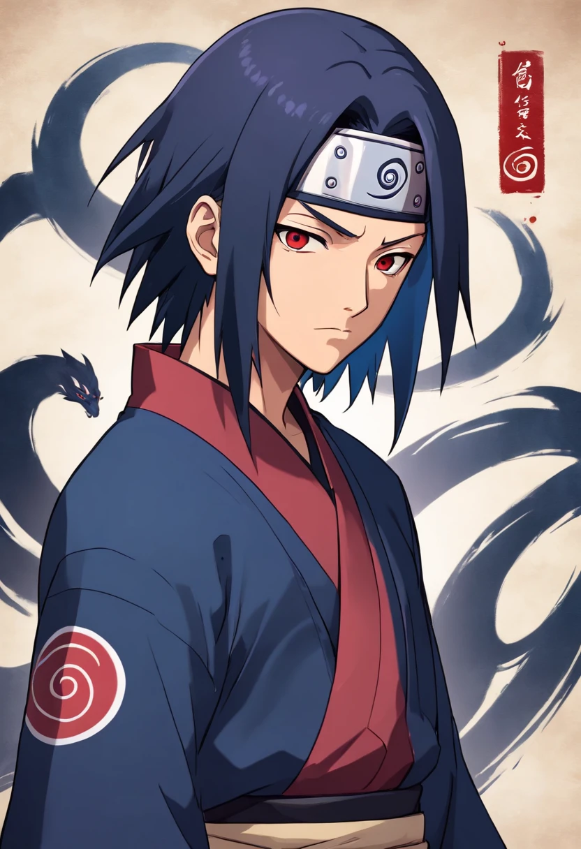 Itachi Uchiha possesses an unmistakable and hauntingly captivating appearance. His long, obsidian hair cascades over his forehead, veiling his left eye and contributing to the shroud of enigma that surrounds him. His most striking feature lies in his onyx eyes, harboring the Sharingan, a potent dojutsu characterized by three mesmerizing tomoe symbols within each eye. Itachi's face, marked by sharp and chiseled features, often dons a tranquil and collected expression that masks the depths of his inner turmoil. Clad in the traditional Uchiha clan attire—a high-collared, dark blue shirt adorned with the clan's emblem—he exudes an aura of both nobility and mystique. This attire, paired with dark pants and shinobi sandals, reflects his allegiance to the Hidden Leaf Village. Altogether, Itachi's appearance is an embodiment of his profound complexity, intelligence, and the tragic legacy he carries as a member of the Uchiha clan. 
Itachi Uchiha's clothing is emblematic of his heritage and ninja affiliation. He typically wears the traditional attire of the Uchiha clan, consisting of a high-collared, dark blue shirt with the Uchiha clan's iconic crest prominently displayed on the back. The shirt is complemented by dark-colored pants and standard shinobi sandals. This attire showcases his loyalty to his clan and the Hidden Leaf Village, while the high collar adds an air of formality and distinction. The Uchiha crest, emblazoned on his back, symbolizes his lineage and the legacy he carries, and his choice of clothing reflects both his heritage and the mysterious role he plays in the Naruto storyline.