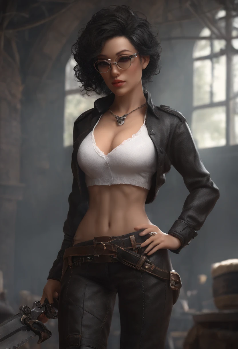 (masutepiece, Best Quality: 1.2), Yol(chain saw man),(Very detailed face, Real Image, Realistic skin, Realistic body, Intricate details), Red Eyes (Intimidating look), Light blush, Social Clothing, Semi-open button-up shirt (white), White bra, Skirt (Black), Black belt with buckle, Short hair, Glasses, Small breasts, close-up, large thighs, crass room, chalk board.