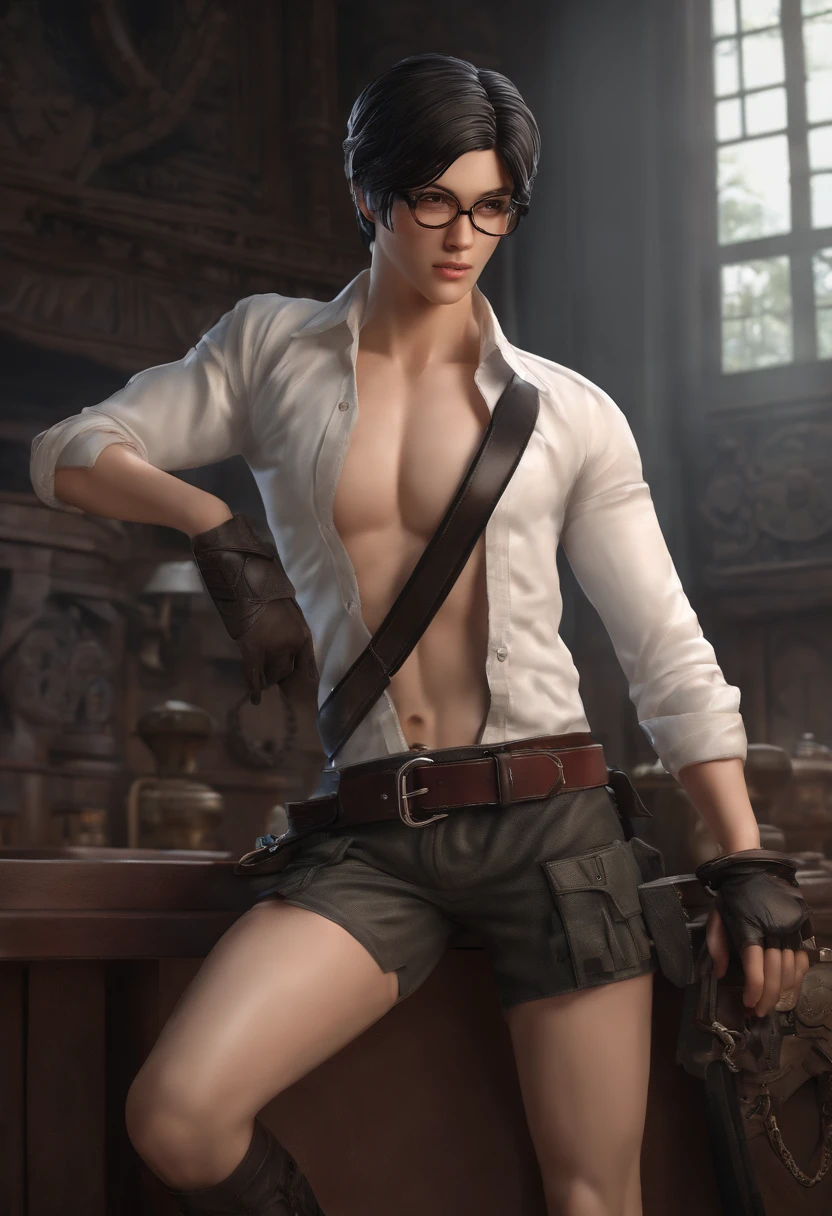 (masutepiece, Best Quality: 1.2), Yol(chain saw man),(Very detailed face, Real Image, Realistic skin, Realistic body, Intricate details), Red Eyes (Intimidating look), Light blush, Social Clothing, Semi-open button-up shirt (white), White bra, Skirt (Black), Black belt with buckle, Short hair, Glasses, Small breasts, close-up, large thighs, crass room, chalk board.
