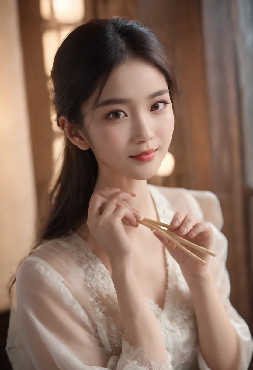 8K,Professional shadows、finedetail、realskin、foco nítido、Eye focus、tmasterpiece、top-quality、realistic detail、Sharp images、hentail realism、A high resolution、Smiling asian beauty eating noodles、age 22、Medium black hair,college girl、Holding chopsticks、Kind eyes、solid color backdrop