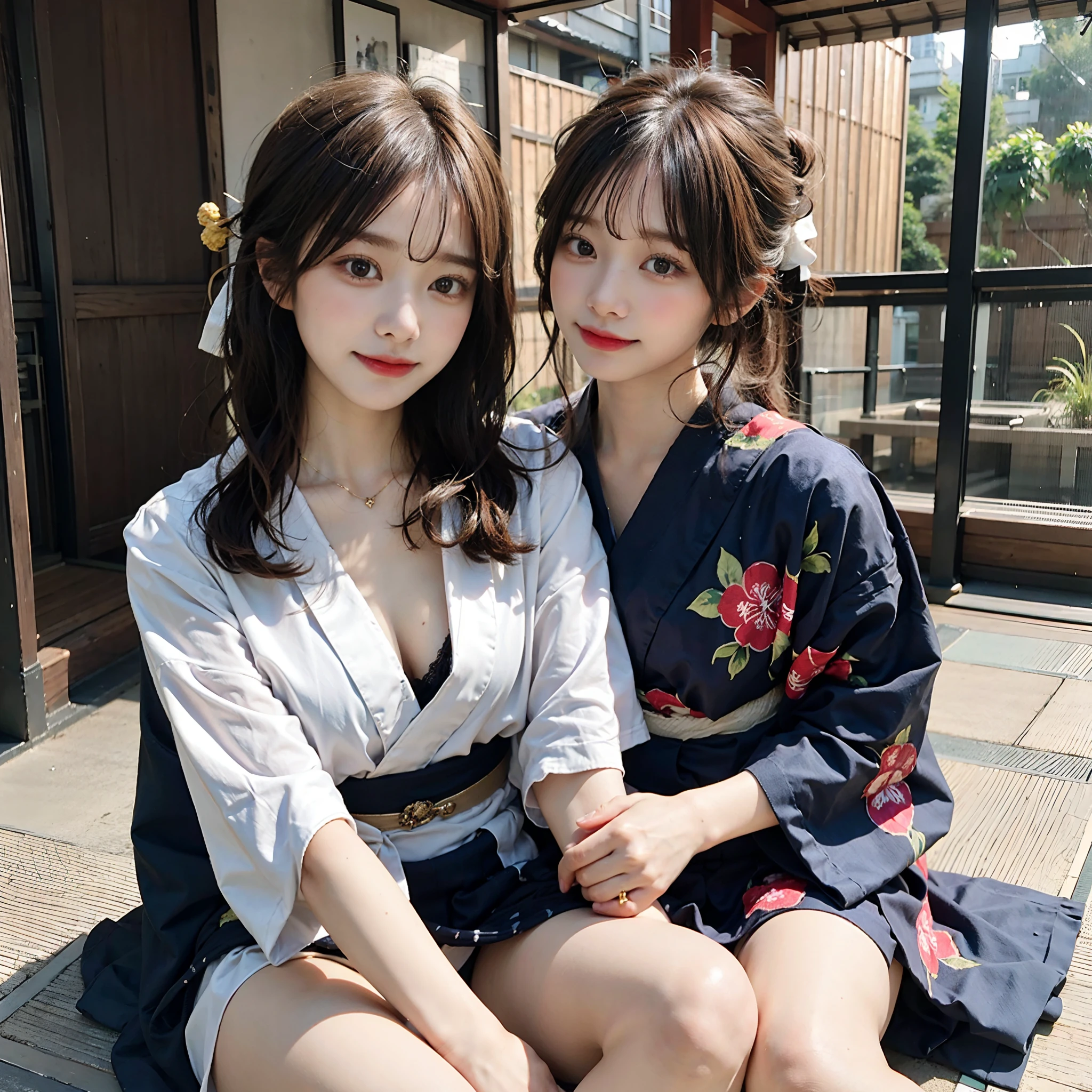 hi-school girl, lesbian, Japan Yukata, No bra, , Legs spread wide