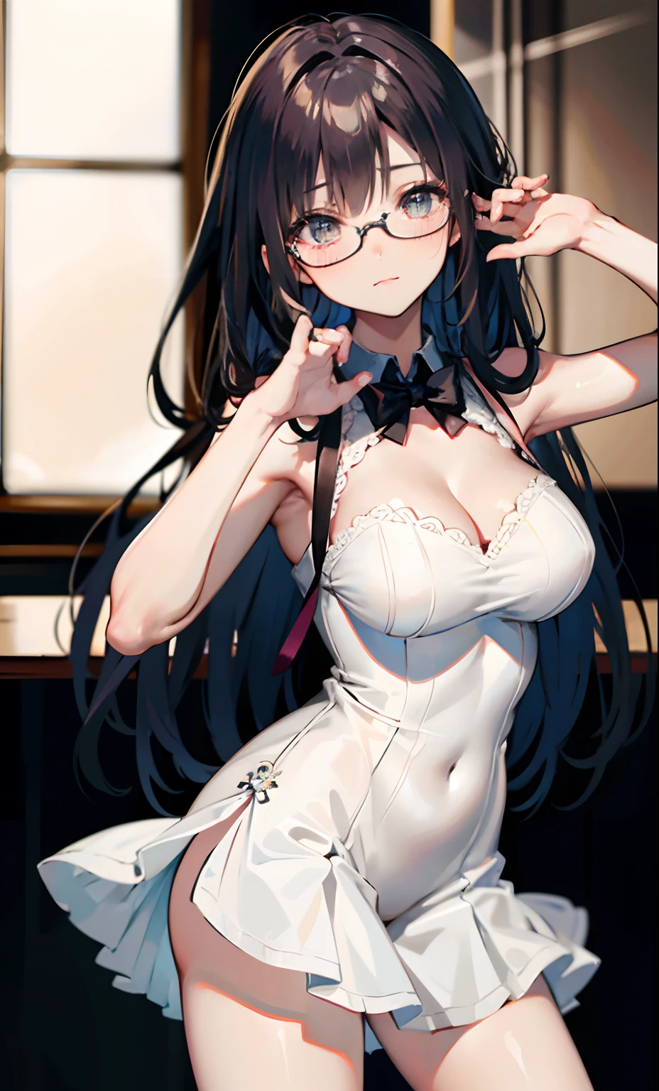 （RAW photos：1.2），high high quality，Beautiful Meticulous Girl，Bunny Girl，Highly detailed eyes and face，beatiful detailed eyes，hugefilesize，A high resolution，8k wallpaper，finely detailled，Highly detailed stock code uniform 8k wallpaper，light in face，电影灯光，16 year old girl，A sexy pose，（photo-realism：1.4），illustratio，ultra-realistic realism，super detailing， tmasterpiece， shift dresses，wears glasses，