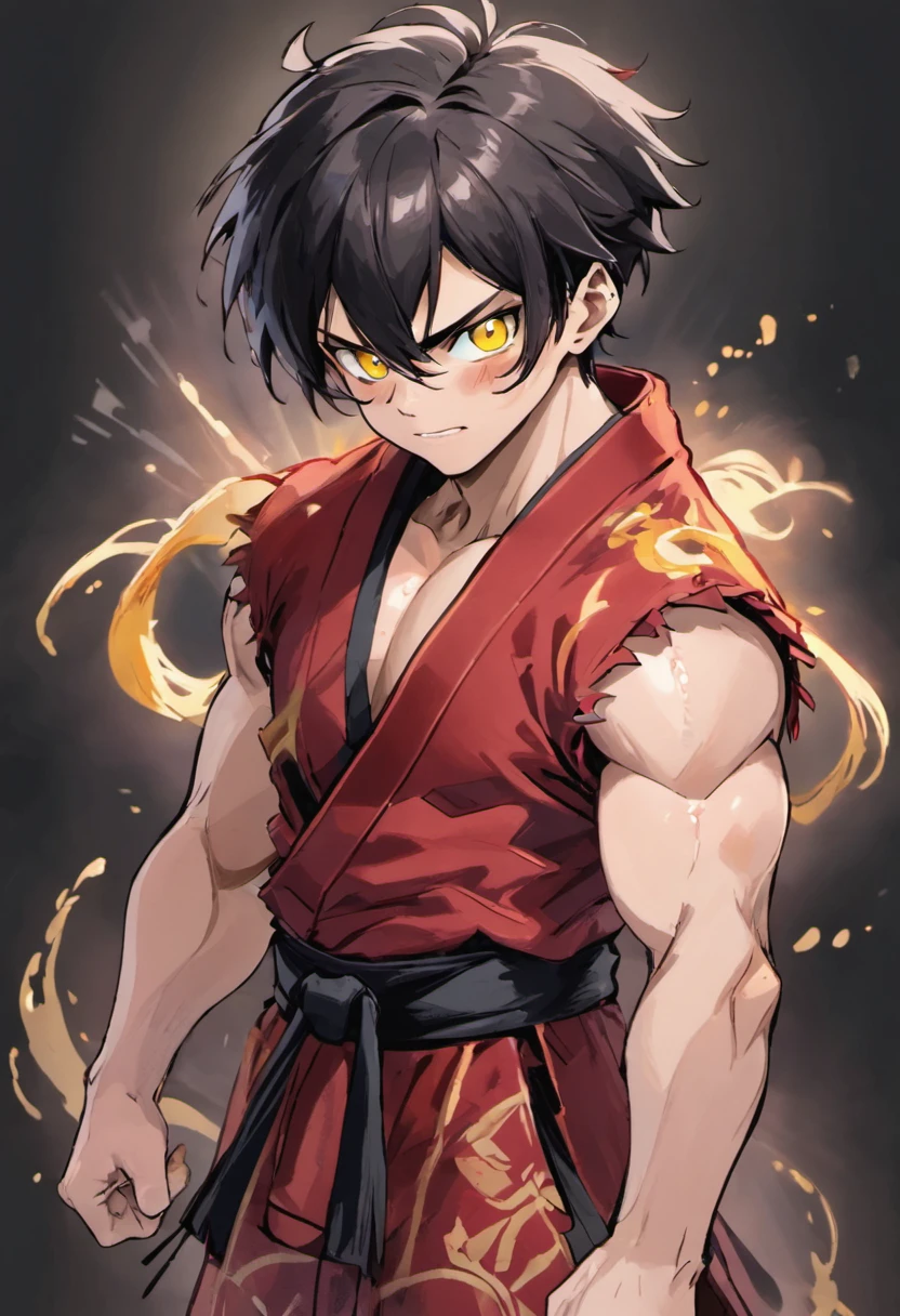a cool,20代の男性,Manly black hair,short-haired,big earing,the whole body is covered with hairs,bodyhair,mustache,ape,Torn kimono,ripped clothing,tusk,yellow eyes,sharp big eyes,Rampaging figure,battleing,furred,Muscular masterpieces、well-muscled,Disheveled clothes,top-quality、(illustratio)