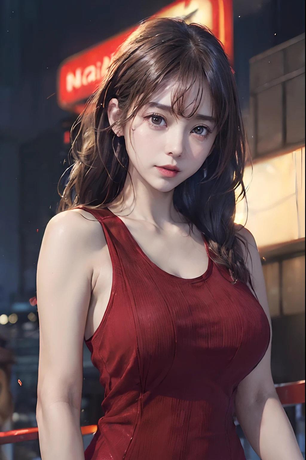 (1 female:1.7)、Light Brown Fringe Hair、Braided hair、disheveled hair、Light brown eyes、(dignified expression)、(爆乳:1.4)、(Emphasize the valley:1.4)、Photorealsitic、(Shadow:1.1)、(intricate detailes:1.2)、(masutepiece、:1.3)、(top-quality:1.4)、(超A high resolution:1.2)、超A high resolution、(A detailed eye)、(detailed facial features)、(The face of the golden ratio:1.2)、(Red tight tank dress:1.5), (nighttime scene:1.4)、(highrise buildings:1.4)、(Blurry neon lights:1.4)、Arch the body、(facing the front there:1.3)