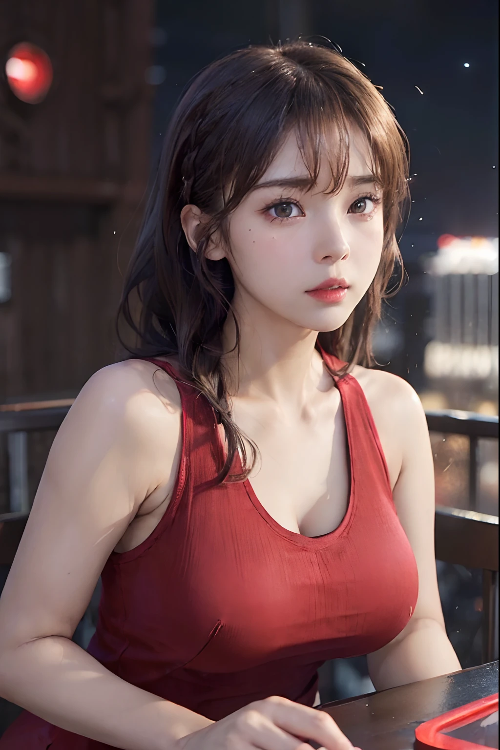 (1 female:1.7)、Light Brown Fringe Hair、Braided hair、disheveled hair、Light brown eyes、(dignified expression)、(爆乳:1.4)、(Emphasize the valley:1.4)、Photorealsitic、(Shadow:1.1)、(intricate detailes:1.2)、(masutepiece、:1.3)、(top-quality:1.4)、(超A high resolution:1.2)、超A high resolution、(A detailed eye)、(detailed facial features)、(The face of the golden ratio:1.2)、(Red tight tank dress:1.5), (nighttime scene:1.4)、(highrise buildings:1.4)、(Blurry neon lights:1.4)、Arch the body、(facing the front there:1.3)