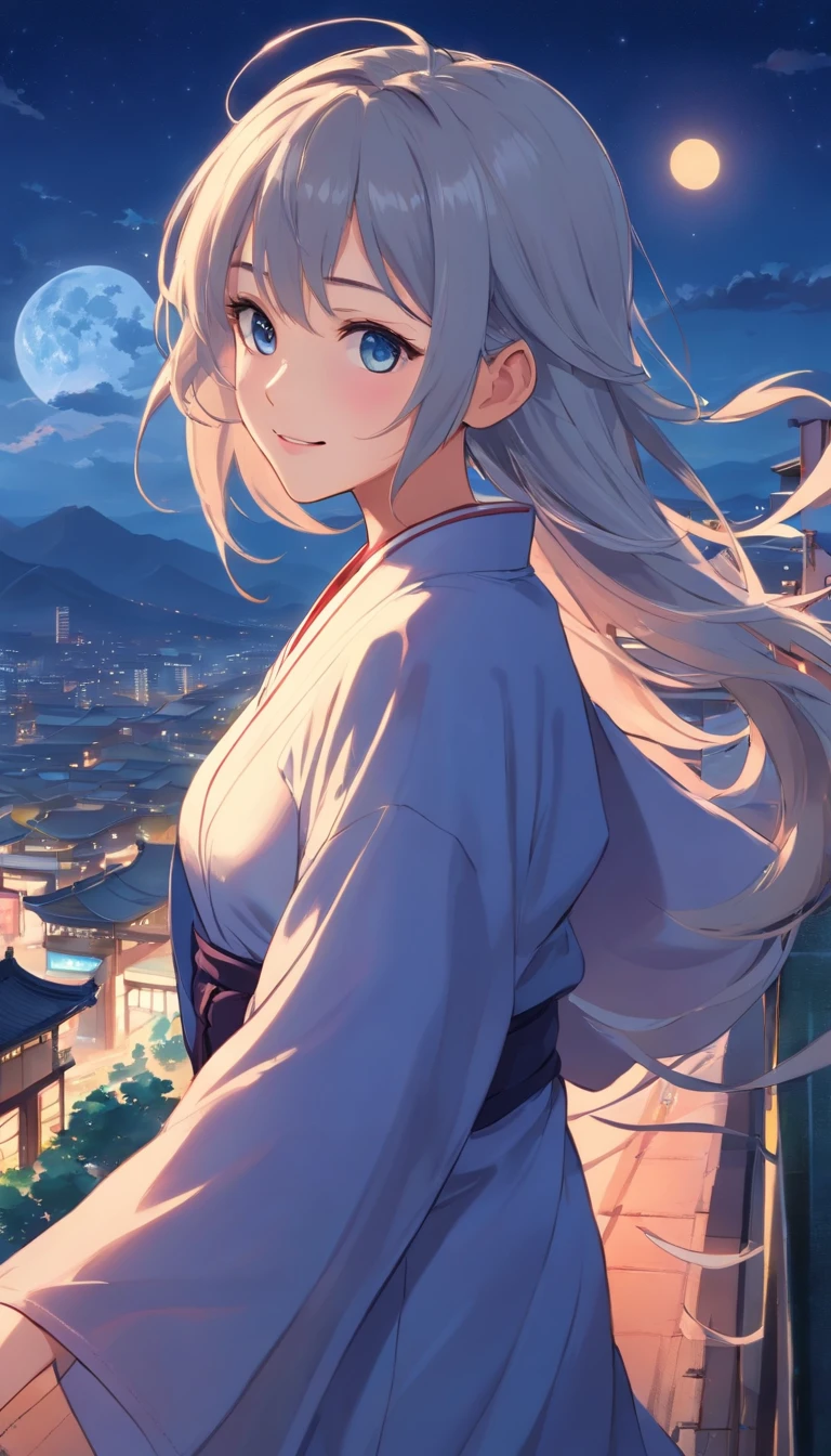 Best quality at best,tmasterpiece,The is very detailed,Face details,8K, detailed back ground,1girll,独奏,Silver hair,eBlue eyes,,long whitr hair,wavey hair,voluminous hair,,,Blushlush,ssmile,Shawl,Chinese city,Chinese service,the night,themoon,scenecy,high place,horizon,ventania,wind blown,flowerbed,looking at viewert