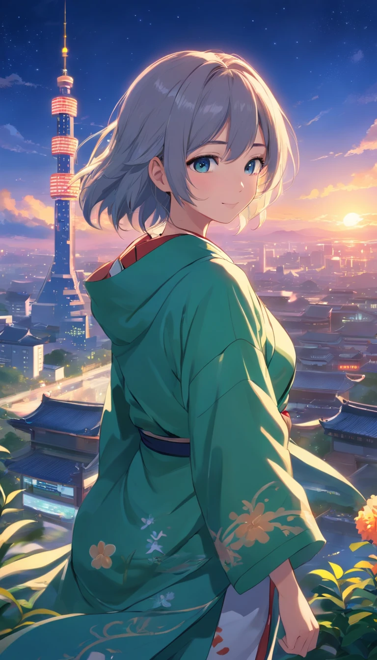 Best quality at best,tmasterpiece,The is very detailed,Face details,8K, detailed back ground,1girll,独奏,Silver hair,eBlue eyes,,long whitr hair,wavey hair,voluminous hair,,,Blushlush,ssmile,Shawl,Chinese city,Chinese service,the night,themoon,scenecy,high place,horizon,ventania,wind blown,flowerbed,looking at viewert