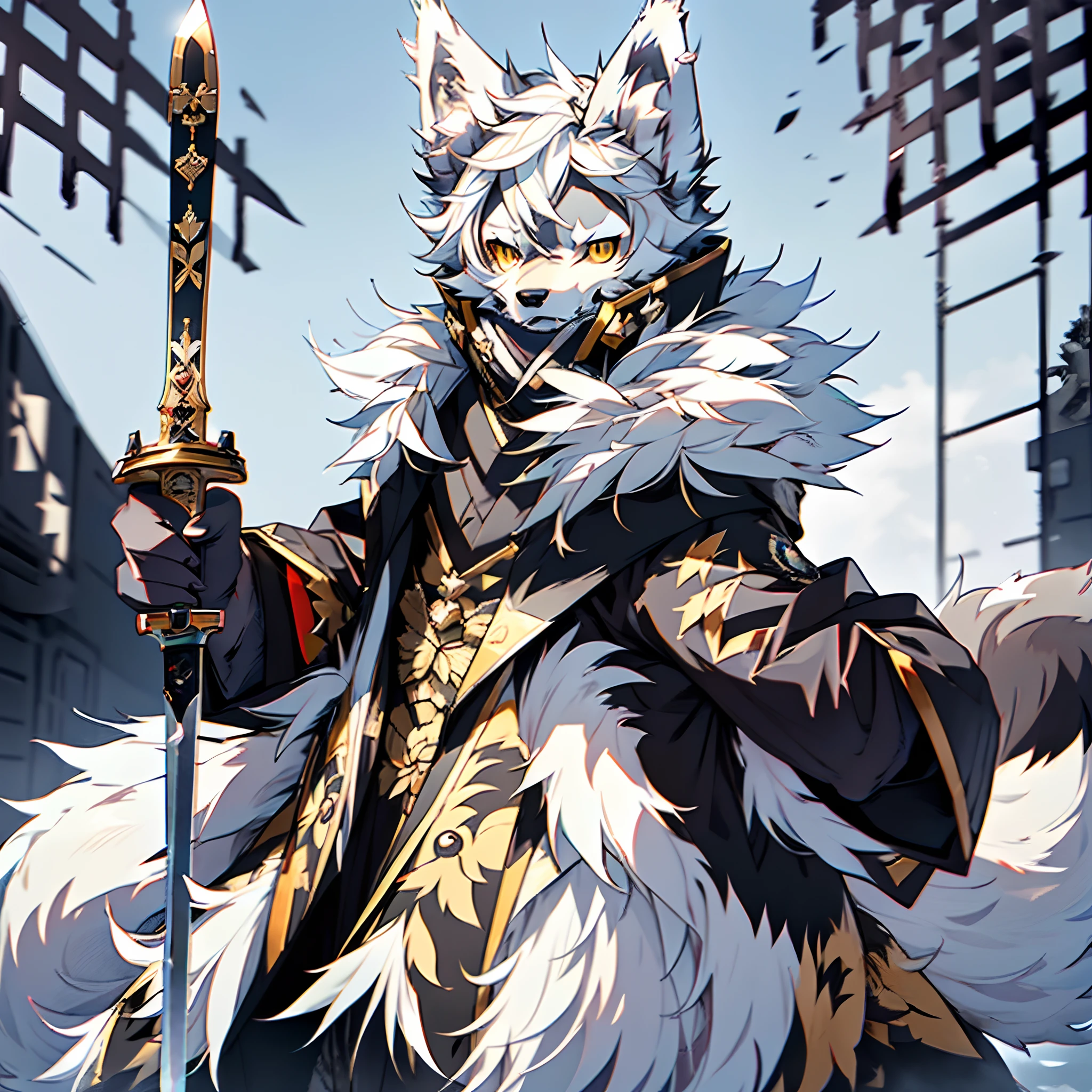 high detail,hyper quality,high resolution,1080P,solo person,furry,(Male wolves:1.5),(White fur:1.3),White skin,White ears,Golden eyes,sharp talons,(Fluffy tail:1.2),Wearing Chinese armor,holding a large sword,Train the army