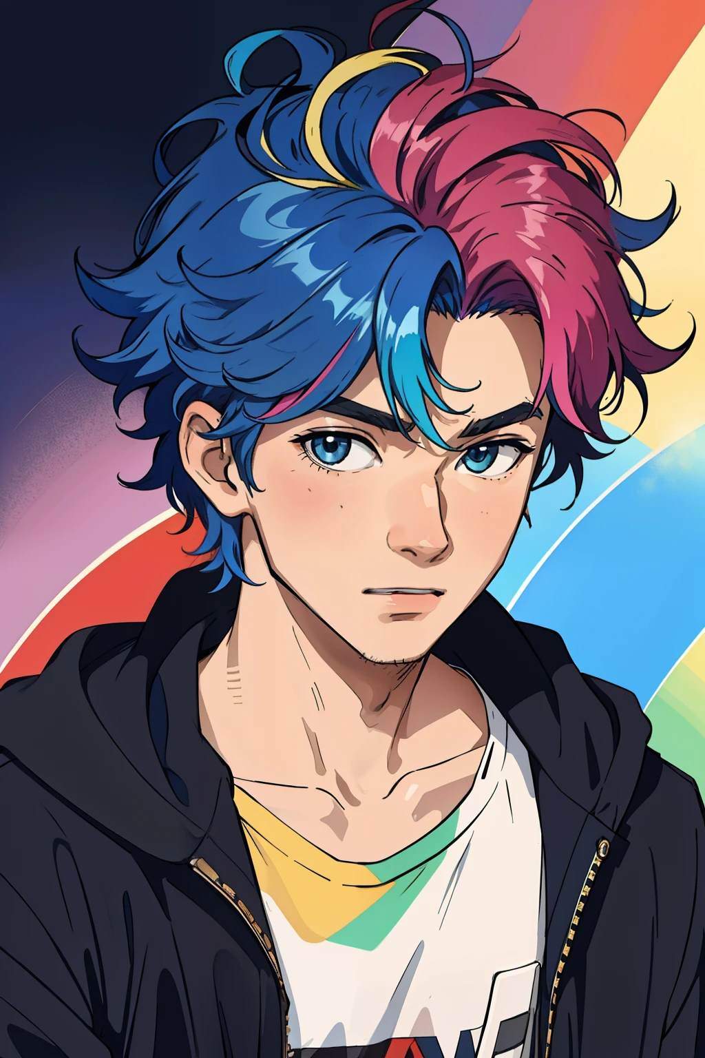 masterpiece, best quality,Boy with rainbow hair, really wild hair, mane