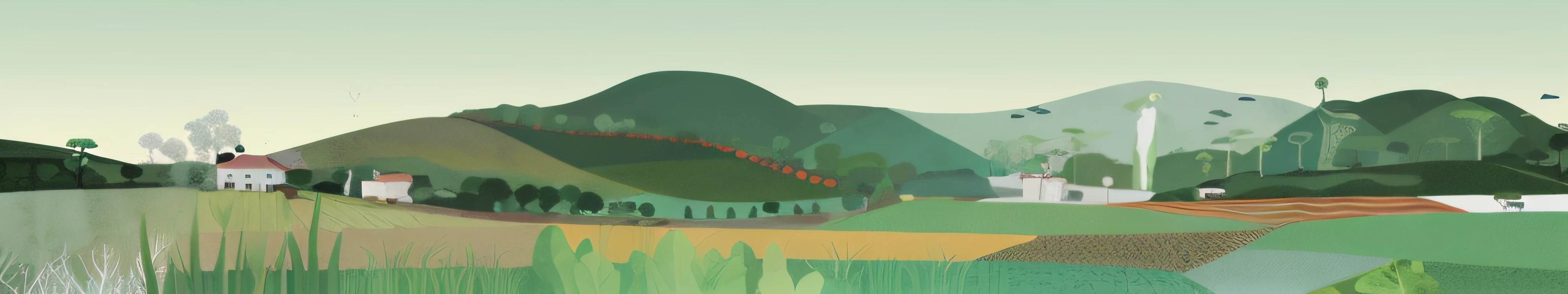 there is a picture of a painting of a mountain landscape,There is a house, Landscape illustration, teal landscape, Rolling hills, rolling foothills, flowing hills, hills and mountains, Hills, hills in the background, distant village background, green hills, Countryside, rolling green hills, National landscape, digital landscape art, Digital illustration, distant town in valley and hills, endless rolling hills, lush countryside