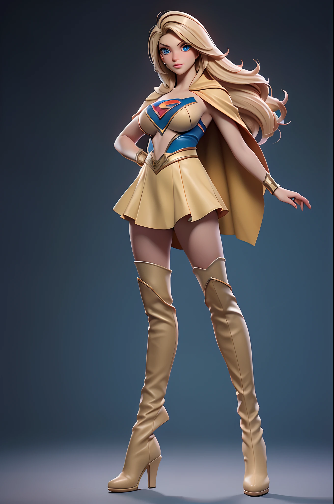 (8K, Best Quality, Photorealistic, masutepiece:1.2), super girl, Blue eyes, Blonde hair, Long hair, Cape, Superhero, Skirt, long boots, (Blonde girl:1.5), (Breast Focus:1.2), (Realistic:1.2), (Far View: 1.2), (Realism), (masutepiece:1.2), (Best Quality), (ultra-detailliert), (8K, 4K, Convoluted), (full body Esbian:1.5), (85 mm), light Particle, Lighting, (Highly detailed:1.2), (Detailed face:1.2), (gradients), SFW, Colorful, (Detailed eyes:1.2), (Detailed background), (Dynamic Angle:1.2), (Dynamic Pose:1.2), (rule of third_Composition:1.3), (Line of action:1.2), Wide Shot, Daylight, Solo.