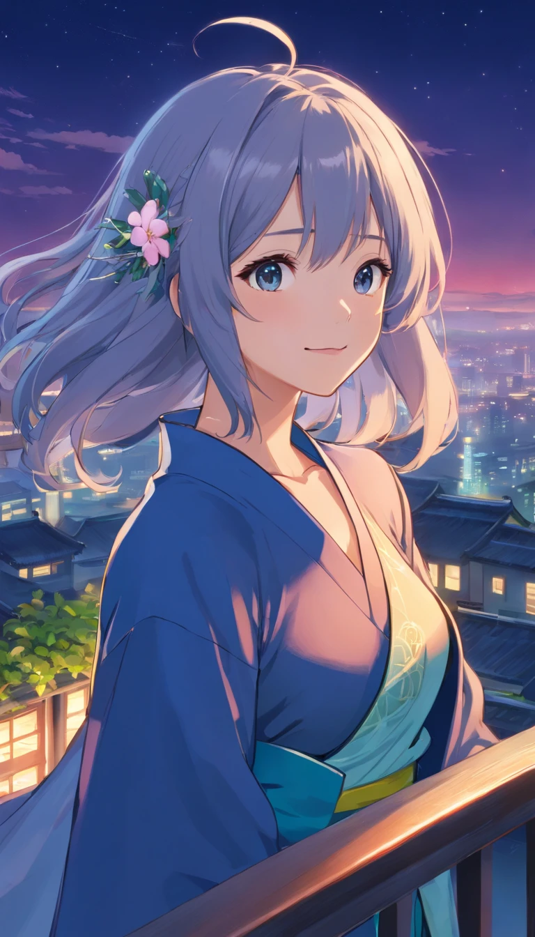 Best quality at best,tmasterpiece,The is very detailed,Face details,8K, detailed back ground,1girll,独奏,Silver hair,eBlue eyes,,long whitr hair,wavey hair,voluminous hair,,,Blushlush,ssmile,Shawl,Chinese city,Chinese service,the night,themoon,scenecy,high place,horizon,ventania,wind blown,flowerbed,looking at viewert