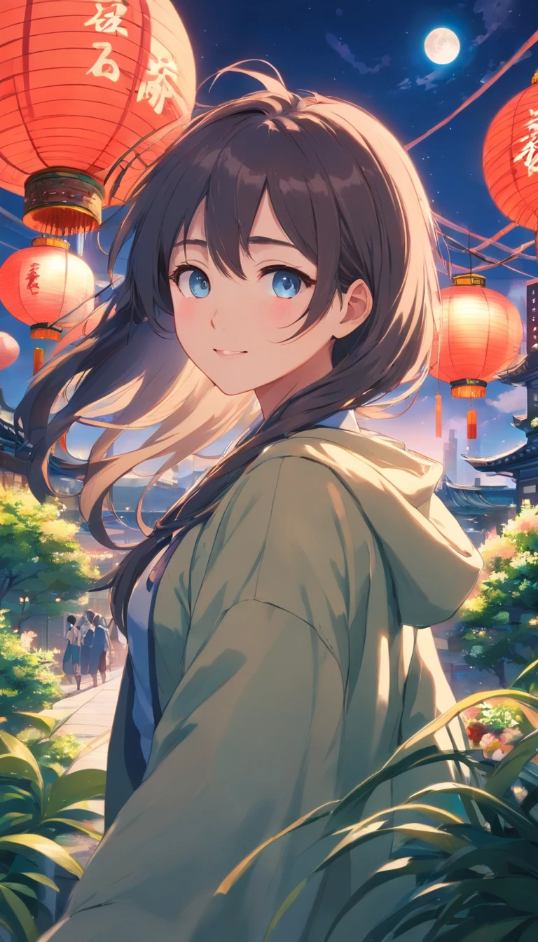 Best quality at best，tmasterpiece，The is very detailed，Face details，8K, detailed back ground，1girll，独奏，Silver hair，eBlue eyes，，long whitr hair，wavey hair，voluminous hair，，，Blushlush，ssmile，Shawl，Chinese city，Chinese service，the night，themoon，scenecy，high place，horizon，ventania，wind blown，flowerbed，looking at viewert