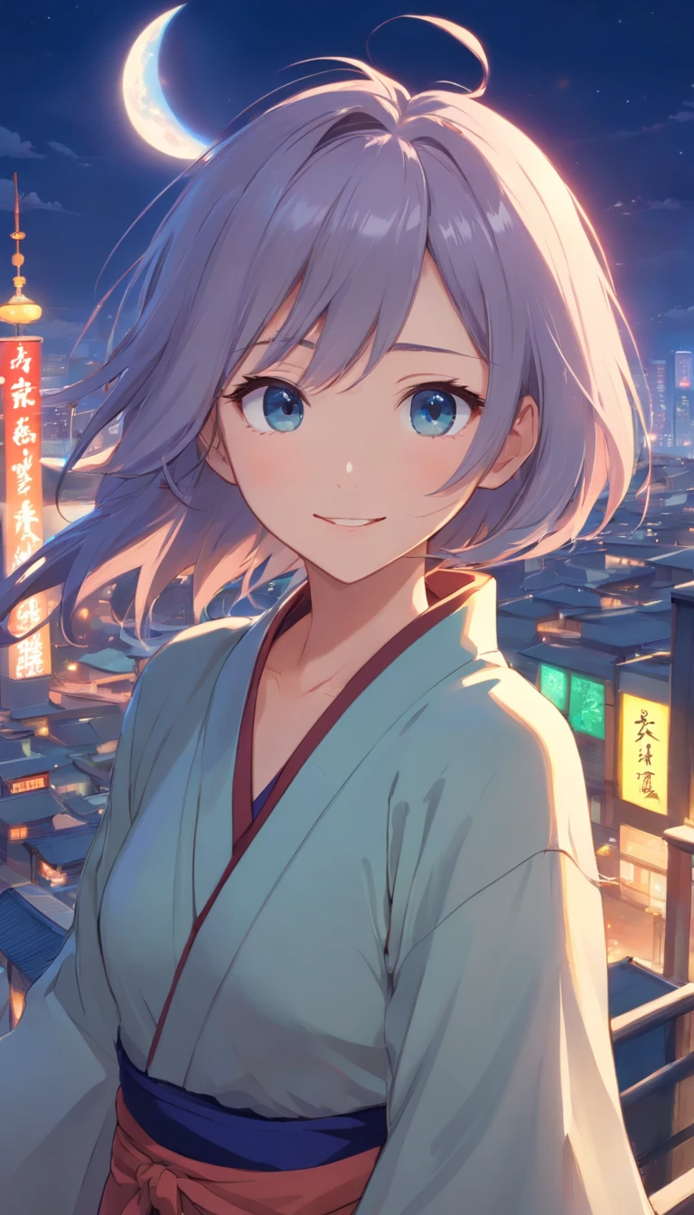 Best quality at best,tmasterpiece,The is very detailed,Face details,8K, detailed back ground,1girll,独奏,Silver hair,eBlue eyes,,long whitr hair,wavey hair,voluminous hair,,,Blushlush,ssmile,Shawl,Chinese city,Chinese service,the night,themoon,scenecy,high place,horizon,ventania,wind blown,flowerbed,looking at viewert