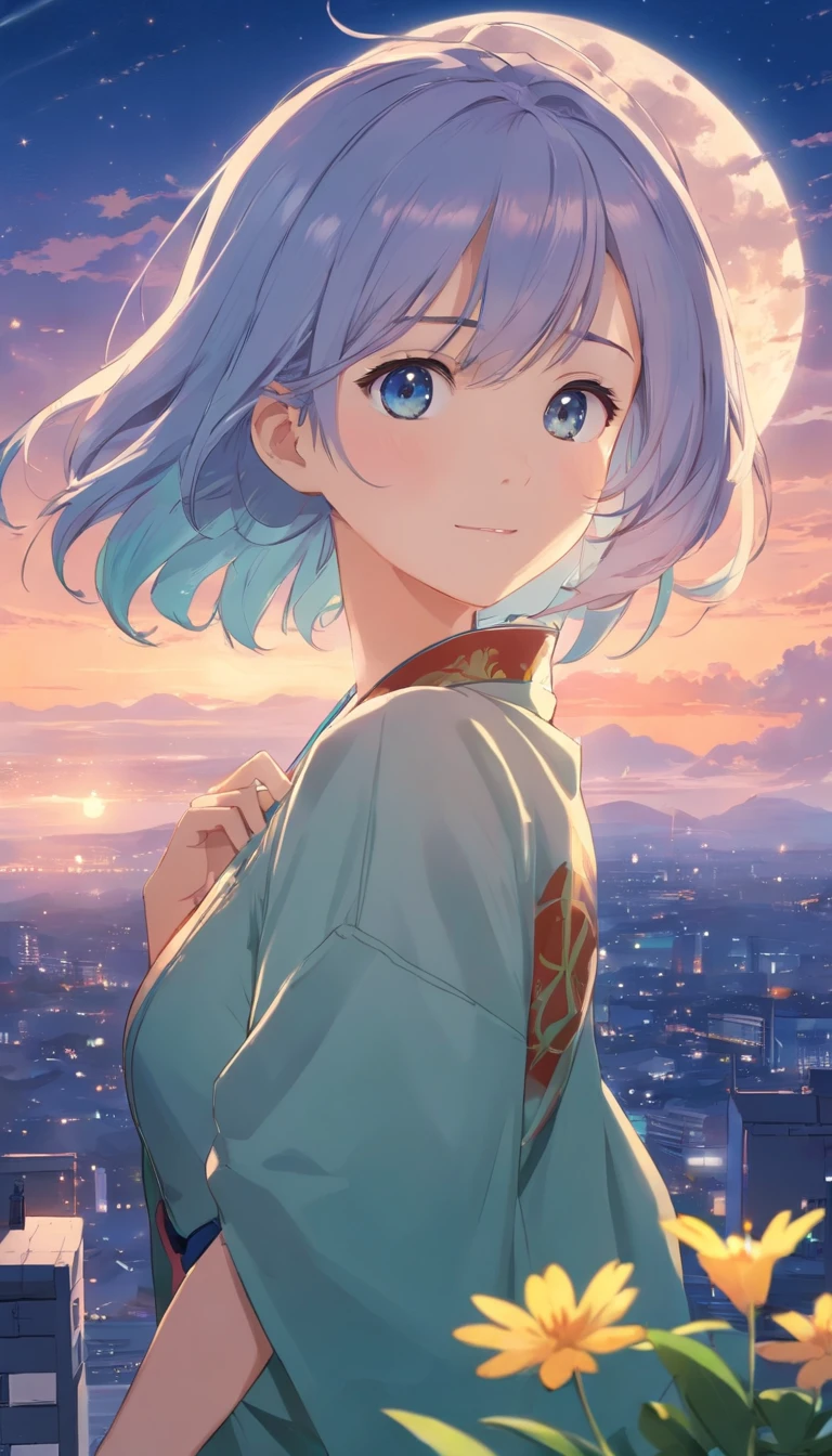 Best quality at best,tmasterpiece,The is very detailed,Face details,8K, detailed back ground,1girll,独奏,Silver hair,eBlue eyes,,long whitr hair,wavey hair,voluminous hair,,,Blushlush,ssmile,Shawl,Chinese city,Chinese service,the night,themoon,scenecy,high place,horizon,ventania,wind blown,flowerbed,looking at viewert