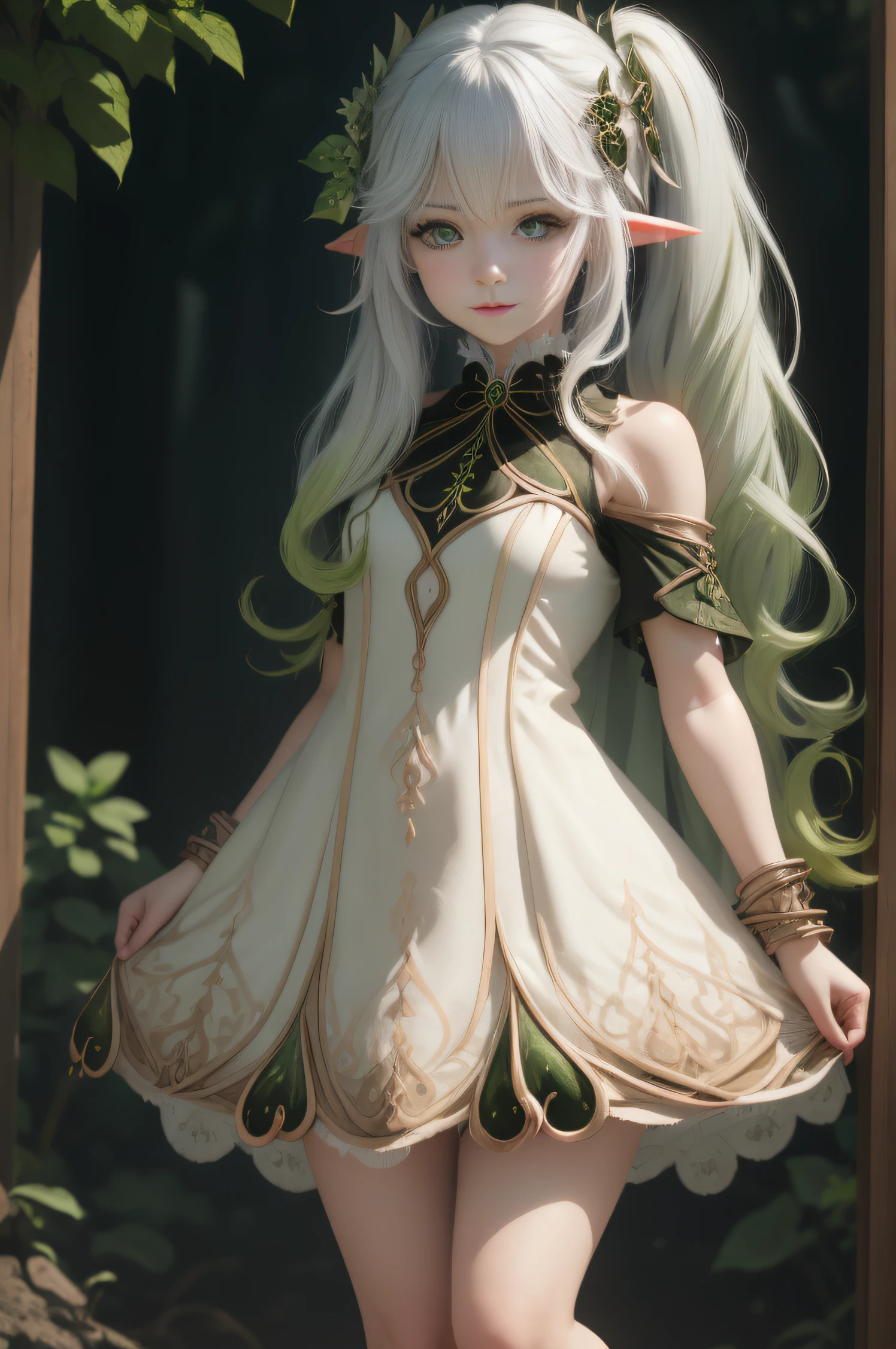 Adult girl standing and looking at the camera, pixie, elf ears, Beautiful elven ears, The girl is dressed in a Gothic dress, Long Dress, pony tail, High-quality beautiful eyes, beatiful face, High Quality Face, dark sky, Thin, Wet waist, Slender figure, Appearance of the model, confusion, sexuality, Cute beautiful anime woman, detailed digital anime art, beautiful anime girl, beautiful anime girl, Anime with small details, Best Quality, Masterpiece, Ultra-detailed, Beautiful, hight resolution, Original,CG 8K ультрареалистичный, perfect artwork, beatiful face, Face Clean, Skin, hyper realistic, Ultra Detailed, A detailed eye, dramatic  lighting, (Realistic) Realistic, Full HD, Best Quality, Best Quality, Beautiful lighting, (8k wallpaper of extremely detailed CG unit), High Details, sharp-focus, The art of dramatic and photorealistic painting, beautiful smile,