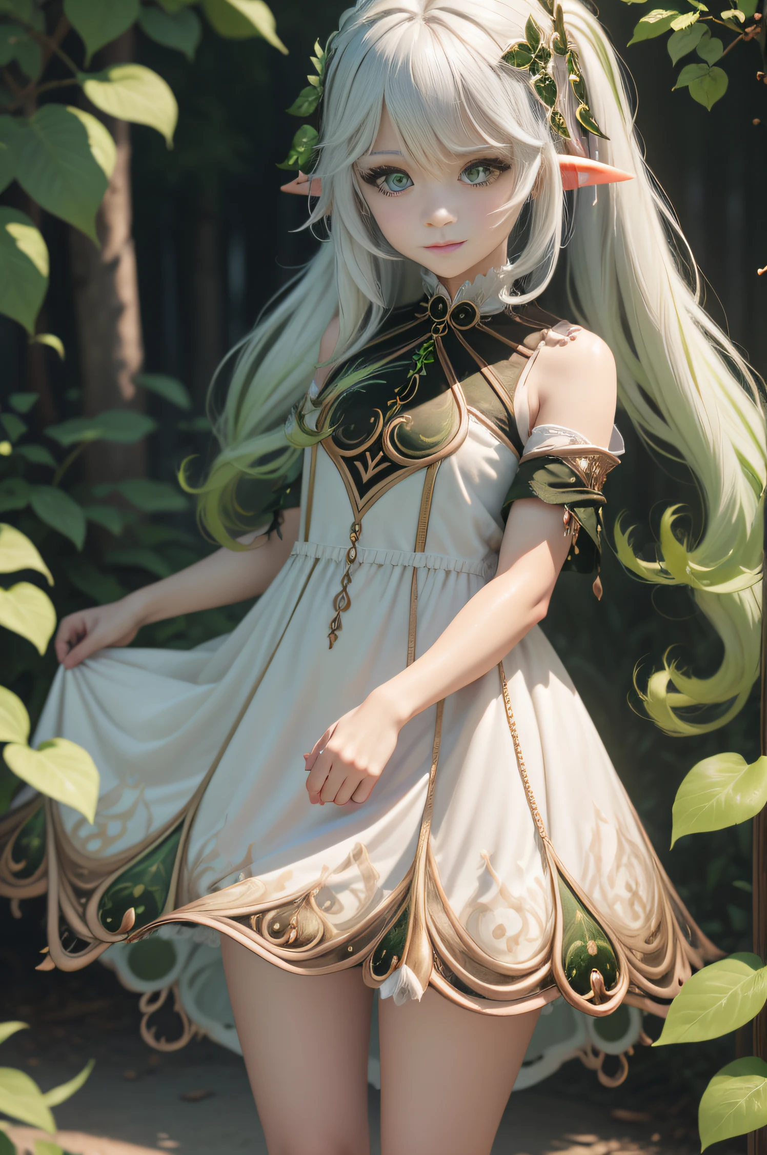 The elf stands and looks at the camera, A girl stands at a fair, green eyes and white hair, The wind lifts the skirt, You can see the underpants, blue skies, Beautiful clear blue sky, green hairpins in the hair, skinny waist, Slender figure, Appearance of the model, confusion, sexuality, nahida, pixie, elf ears, Beautiful ears, green colored eyes, People's casual clothes, black clothing, pantyhouse, black tights, little chest, You can see the, Upskirt, black clothing, White underpants, Elf Girl, Sweet girl, attractive anime girl, beautiful anime girl, Cute beautiful anime woman, detailed digital anime art, beautiful anime girl, beautiful anime girl, Anime with small details, Best Quality, Masterpiece, Ultra-detailed, Beautiful, hight resolution, Original,CG 8K ультрареалистичный, perfect artwork, beatiful face, Face Clean, Skin, hyper realistic, Ultra Detailed, A detailed eye, dramatic  lighting, (Realistic) Realistic, Full HD, Best Quality, Best Quality, Beautiful lighting, (8k wallpaper of extremely detailed CG unit), High Details, sharp-focus, The art of dramatic and photorealistic painting, beautiful smile, cameltoe,