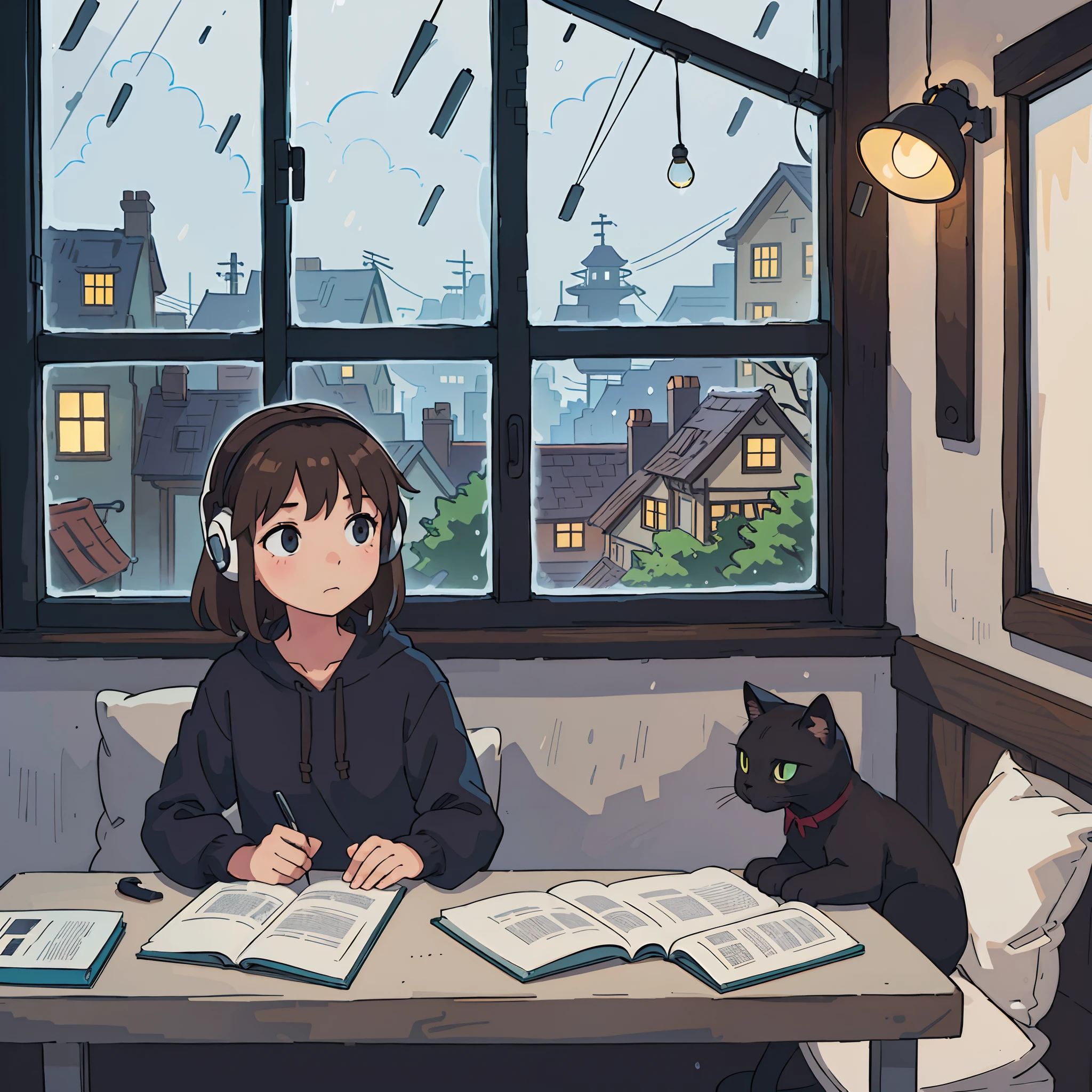 Girl studying in a room by the window, Girl wearing headphones, Rain falls on the window., The lampshade is on..., Hot lighting, High image quality, 8K, High Quality, (Raw work), Studio Ghibli, Studio Ghibli, Ghibli, animesque, Girl with brown hair, Brown hair, A table, cushion, Black cat, Cats, Black cat, window, Girl Concentration, One book