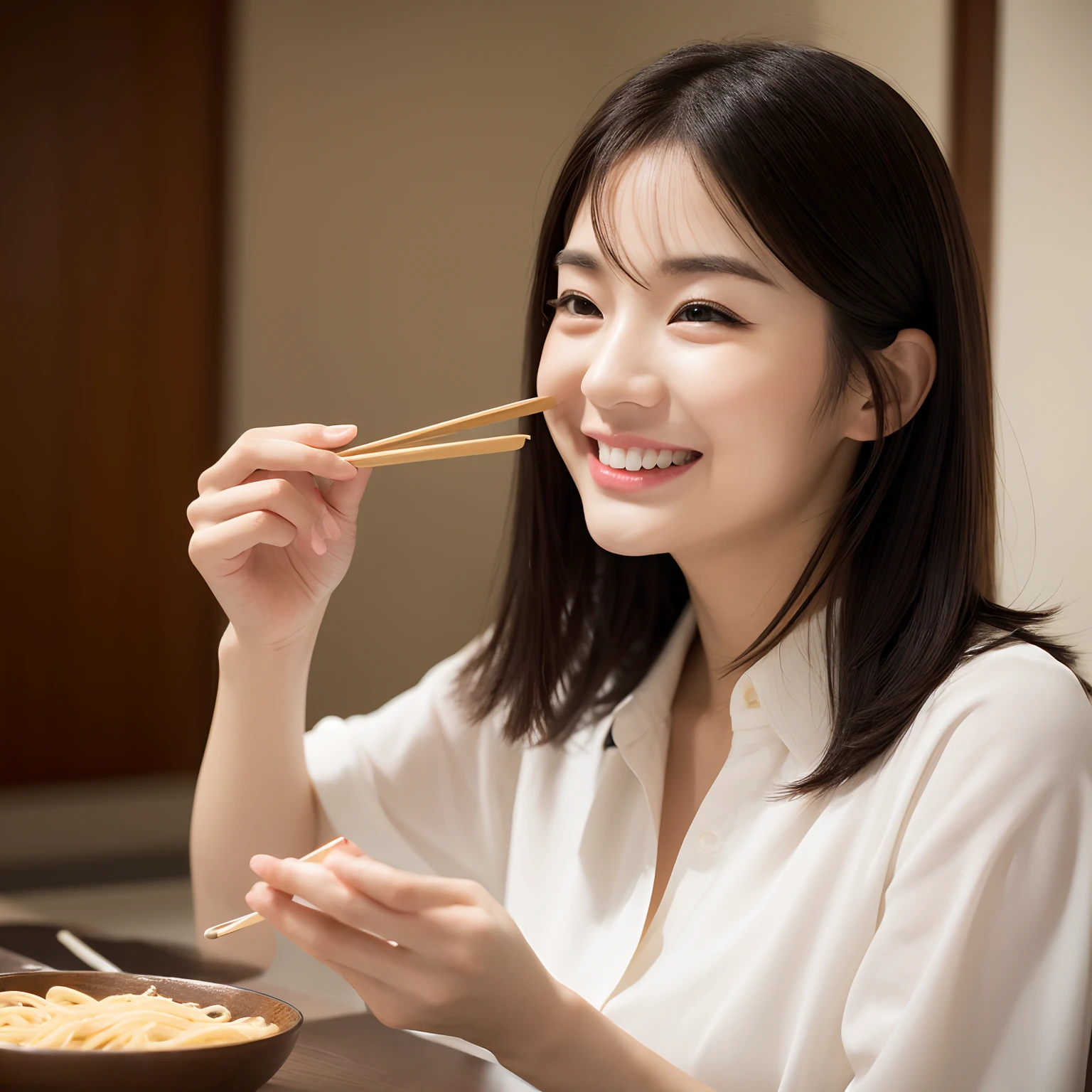 extreme close-up of beautiful korean female, 34 inch breasts size, smile, wearing t-shirt, sitting, eating noodles, cinematic scene, UHD 