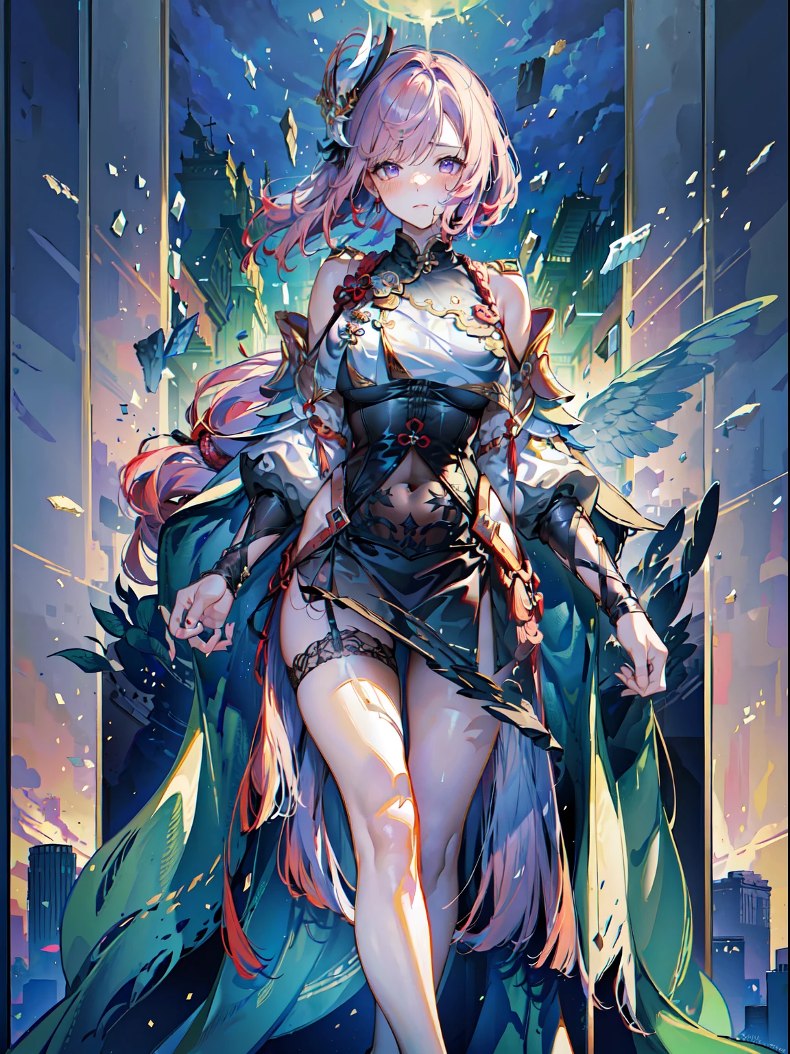 (Masterpiece, Best quality, High quality:1.4), Professional artwork, Intricate details, Field of View, Sharp focus, Detailed painting, Masterpiece, Cinematic lighting, trending on pixiv, (Vivid lighting, Vibrant colors, Shen He), (,A MILF:1.1), Solo, (Curvy:1.1), standing, (Full body shot:1.1),
(Red hair:1.05), Long hair, High ponytail, lipstick, Makeup, Ultra Detail Hair, Ultra Detail Face, (Purple eyes:1.05), Perfect eyes, Perfect face, (Confused, Blush:1.2), (black thighhigns, a garter belt:1.1), Pleated skirt, White shirt, high-heels,
(Large breasts:1.1), cleavage, Big ass, Thighs,