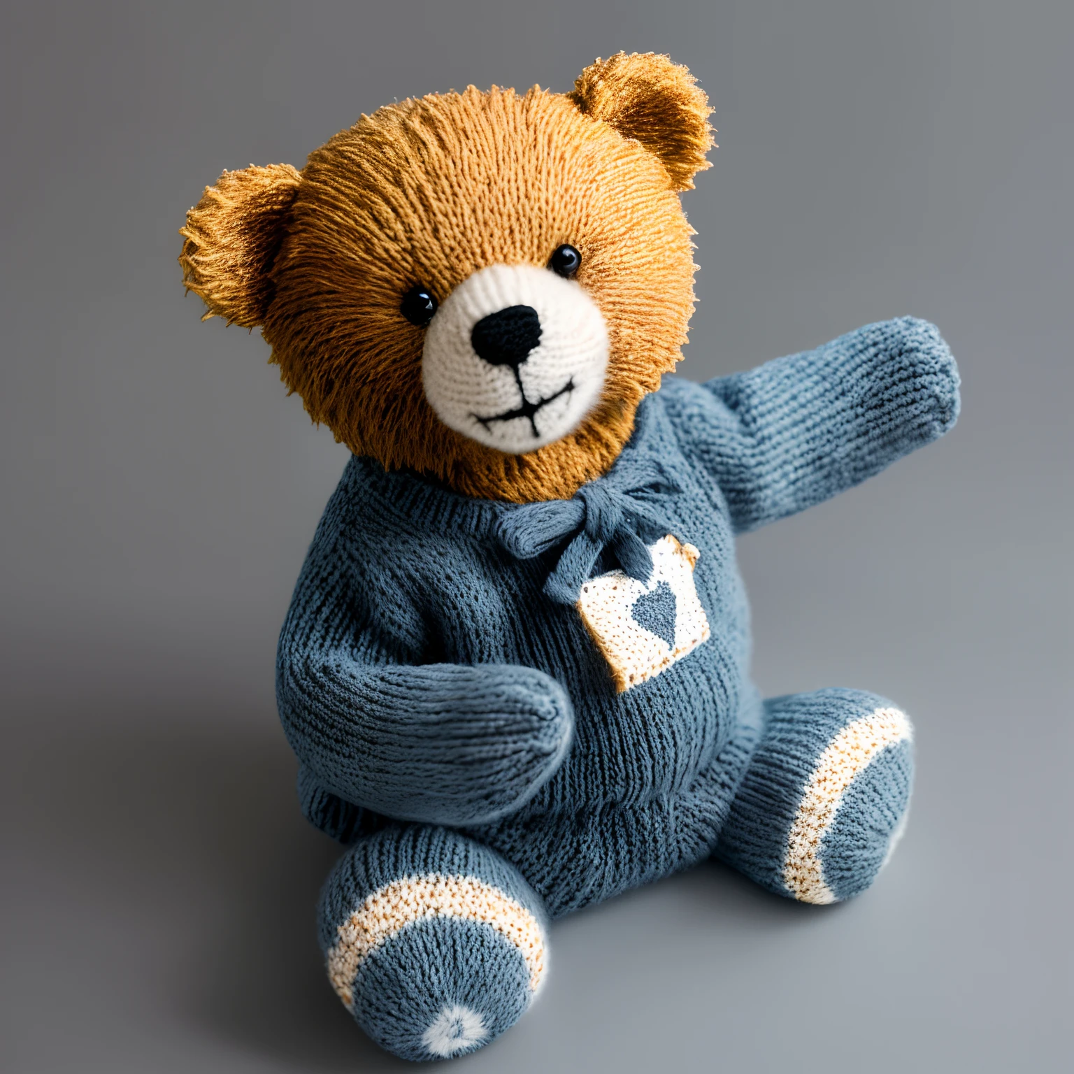 Produce an extremely realistic photograph of a teddy bear wearing a knitted sweater. The photograph should be taken in a studio setting with professional studio lighting. Capture only the bear, with no background, and include a few skeins of yarn. Pay meticulous attention to (((intricate details))) to make the teddy bear appear lifelike and emphasize the texture of the knitted sweater. Aim for (((extreme detail quality))) to create a visually stunning photograph. Ensure that the composition highlights the realistic quality of the bear and the cozy feeling of the knitted sweater.