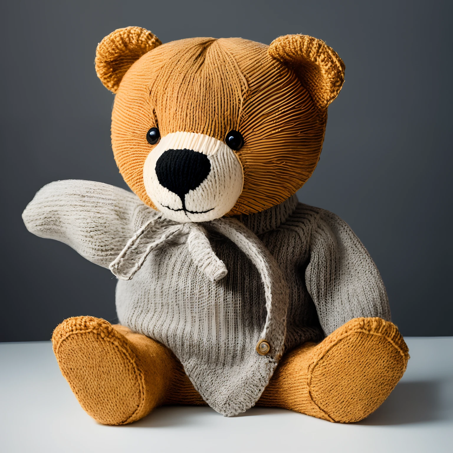 Produce an extremely realistic photograph of a teddy bear wearing a knitted sweater. The photograph should be taken in a studio setting with professional studio lighting. Capture only the bear, with no background, and include a few skeins of yarn. Pay meticulous attention to (((intricate details))) to make the teddy bear appear lifelike and emphasize the texture of the knitted sweater. Aim for (((extreme detail quality))) to create a visually stunning photograph. Ensure that the composition highlights the realistic quality of the bear and the cozy feeling of the knitted sweater.