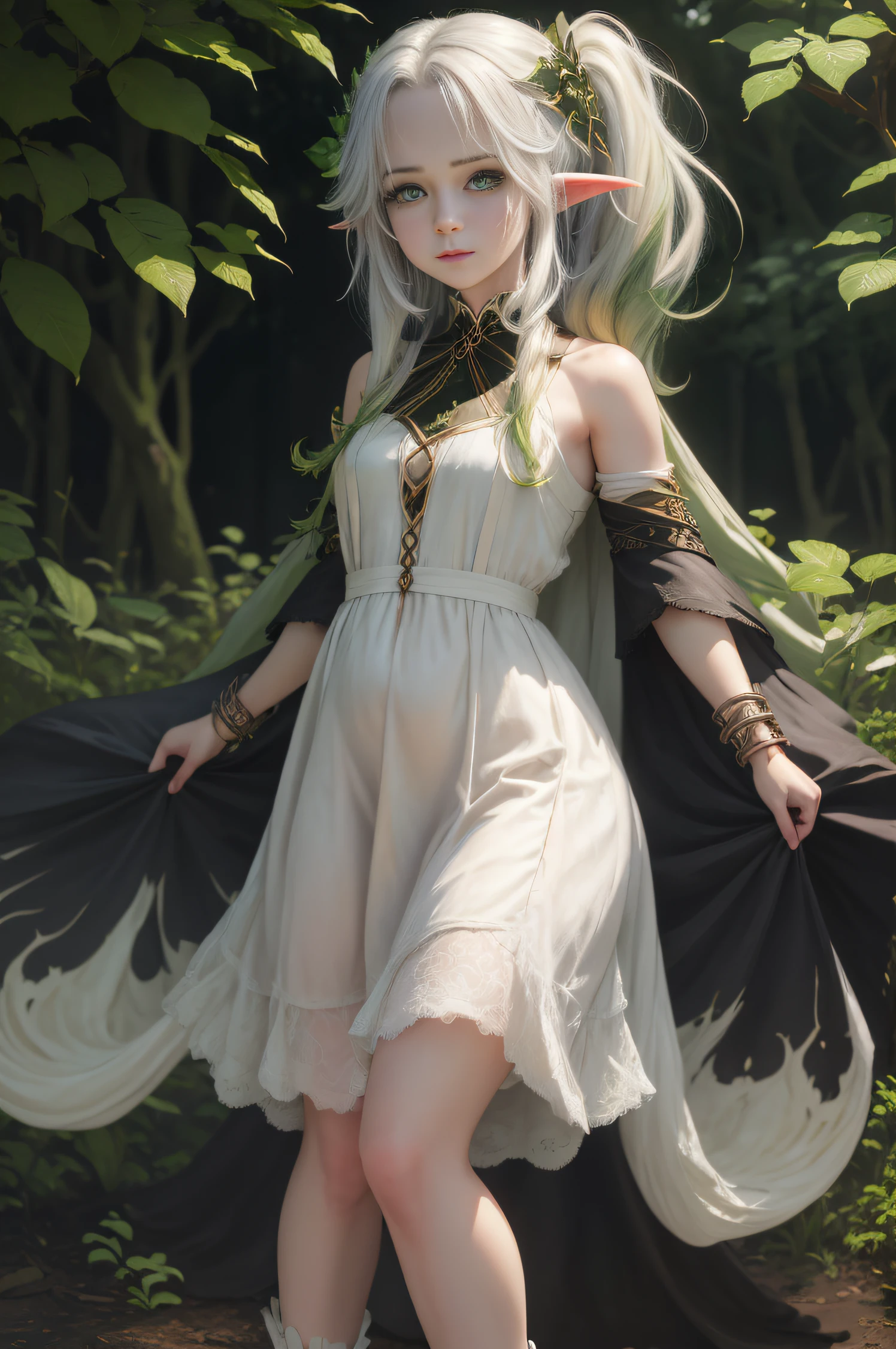Adult girl standing and looking at the camera, pixie, elf ears, Beautiful elven ears, The girl is dressed in a Gothic dress, Long Dress, floor-length dress, pony tail, High-quality beautiful eyes, beatiful face, High Quality Face, dark sky, Thin, Wet waist, Slender figure, Appearance of the model, confusion, sexuality, Cute beautiful anime woman, detailed digital anime art, beautiful anime girl, beautiful anime girl, Anime with small details, Best Quality, Masterpiece, Ultra-detailed, Beautiful, hight resolution, Original,CG 8K ультрареалистичный, perfect artwork, beatiful face, Face Clean, Skin, hyper realistic, Ultra Detailed, A detailed eye, dramatic lighting, (Realistic) Realistic, Full HD, Best Quality, Best Quality, Beautiful lighting, (8k wallpaper of extremely detailed CG unit), High Details, sharp-focus, The art of dramatic and photorealistic painting, beautiful smile,