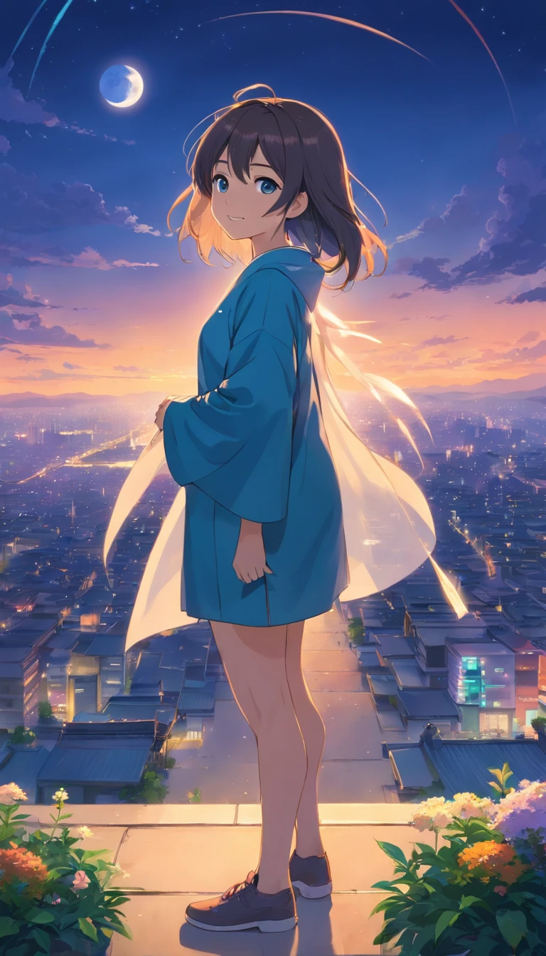 Best quality at best，tmasterpiece，The is very detailed，Face details，8K, detailed back ground，1girll，独奏，Silver hair，eBlue eyes，，long whitr hair，wavey hair，voluminous hair，，，Blushlush，ssmile，Shawl，Chinese city，Chinese service，the night，themoon，scenecy，high place，horizon，ventania，wind blown，flowerbed，looking at viewert