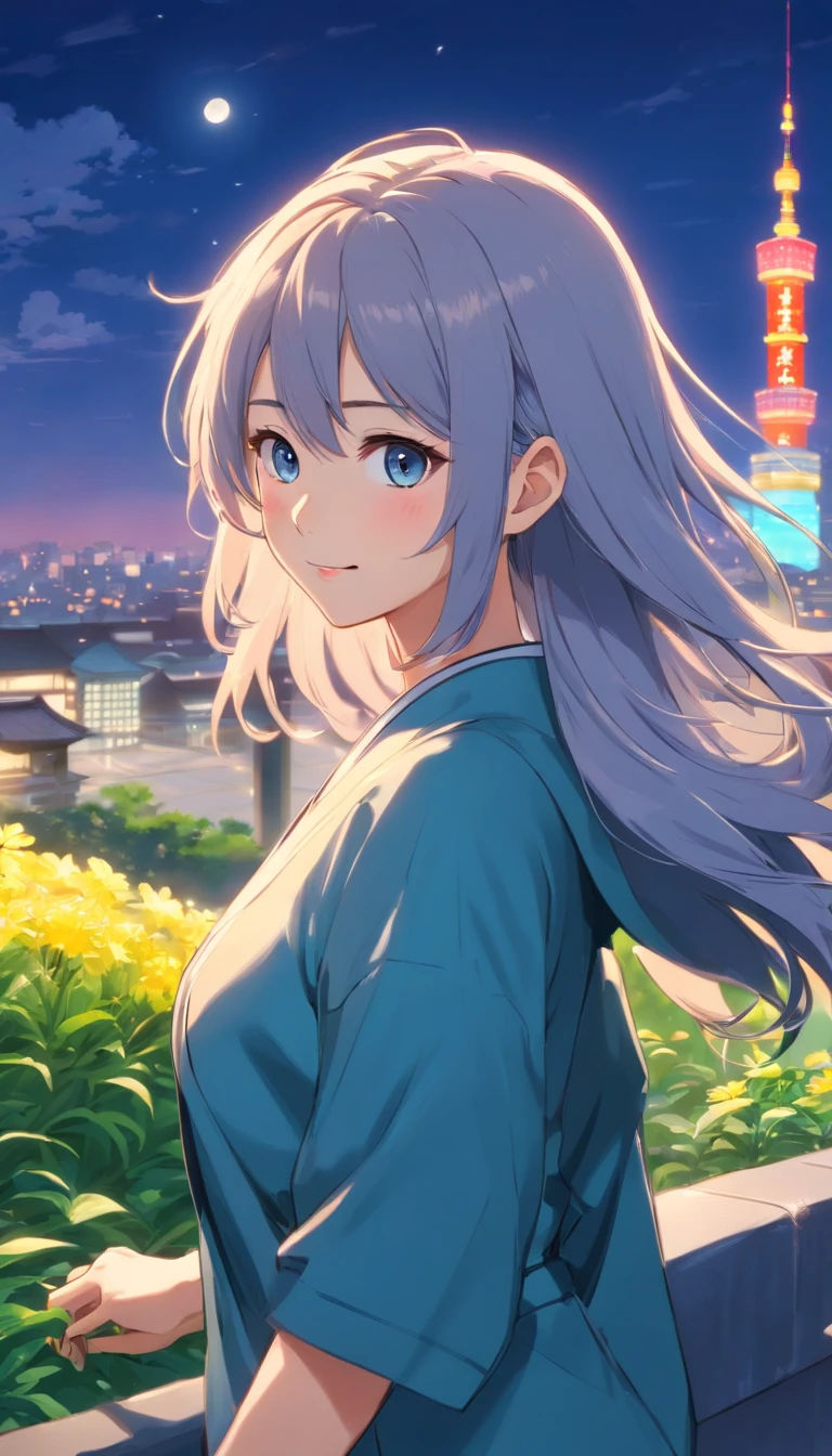 Best quality at best,tmasterpiece,The is very detailed,Face details,8K, detailed back ground,1girll,独奏,Silver hair,eBlue eyes,,long whitr hair,wavey hair,voluminous hair,,,Blushlush,ssmile,Shawl,Chinese city,Chinese service,the night,themoon,scenecy,high place,horizon,ventania,wind blown,flowerbed,looking at viewert