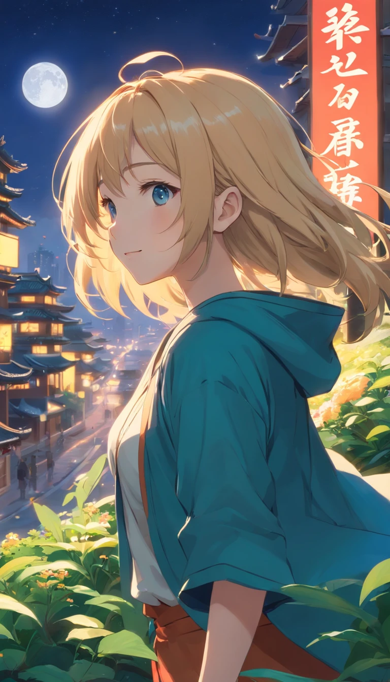 Best quality at best，tmasterpiece，The is very detailed，Face details，8K, detailed back ground，1girll，独奏，Blonde hair，eBlue eyes，，long whitr hair，wavey hair，voluminous hair，，，Blushlush，ssmile，Shawl，Chinese city，Chinese service，the night，themoon，scenecy，high place，horizon，ventania，wind blown，flowerbed，looking at viewert