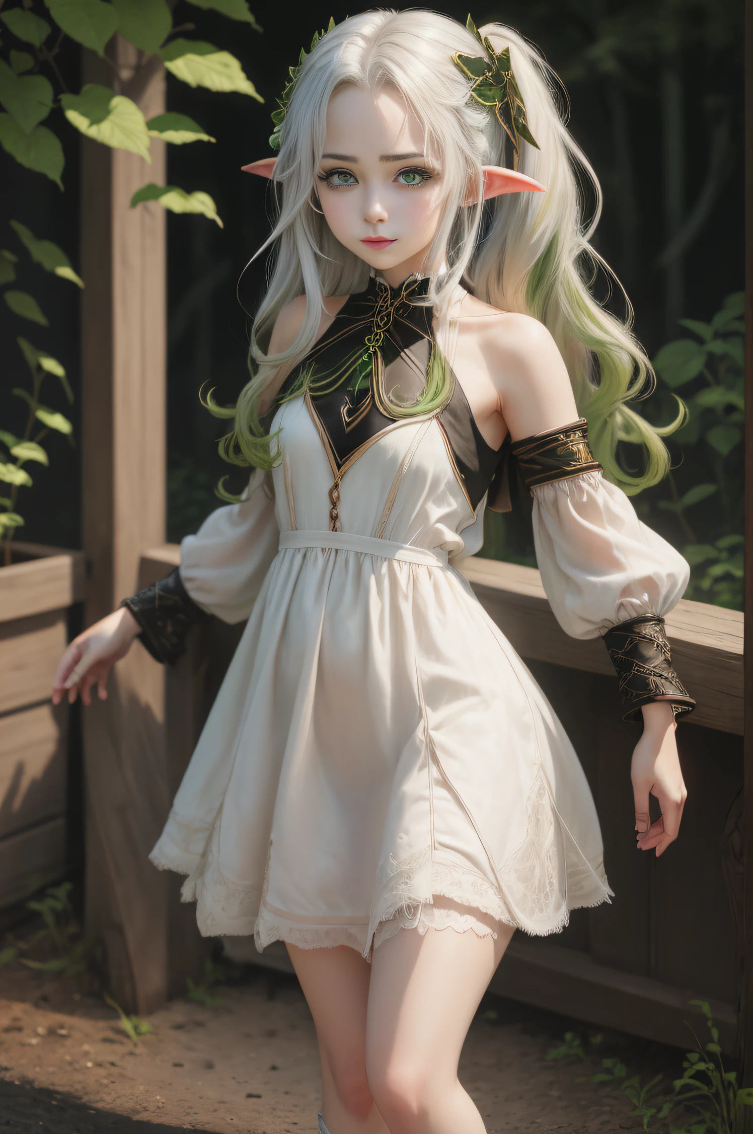 Adult girl standing and looking at the camera, pixie, elf ears, Beautiful elven ears, The girl is dressed in a Gothic dress, Long Dress, floor-length dress, pony tail, High-quality beautiful eyes, beatiful face, High Quality Face, dark sky, Thin, Wet waist, Slender figure, Appearance of the model, confusion, sexuality, Cute beautiful anime woman, detailed digital anime art, beautiful anime girl, beautiful anime girl, Anime with small details, Best Quality, Masterpiece, Ultra-detailed, Beautiful, hight resolution, Original,CG 8K ультрареалистичный, perfect artwork, beatiful face, Face Clean, Skin, hyper realistic, Ultra Detailed, A detailed eye, dramatic  lighting, (Realistic) Realistic, Full HD, Best Quality, Best Quality, Beautiful lighting, (8k wallpaper of extremely detailed CG unit), High Details, sharp-focus, The art of dramatic and photorealistic painting, beautiful smile,