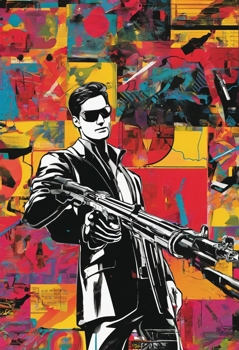 gllltchy, cinematic poster of man holding a gun