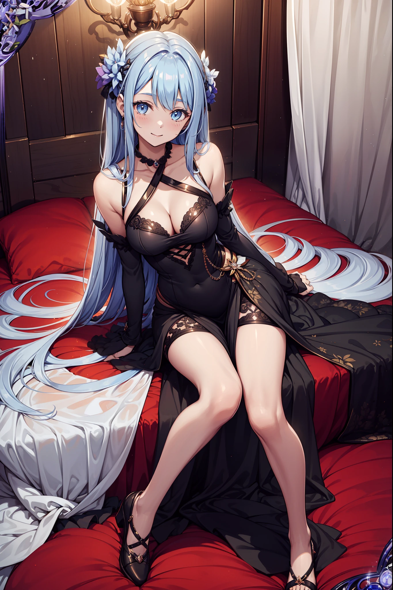 teens girl，Enchanted，having fun，Being in love，Dark black princess dress，Lilac cloth，see-through transparent clothes，exquisite costumes，Bedrooms，solo person，blond hairbl，pale blue color eyes，the night