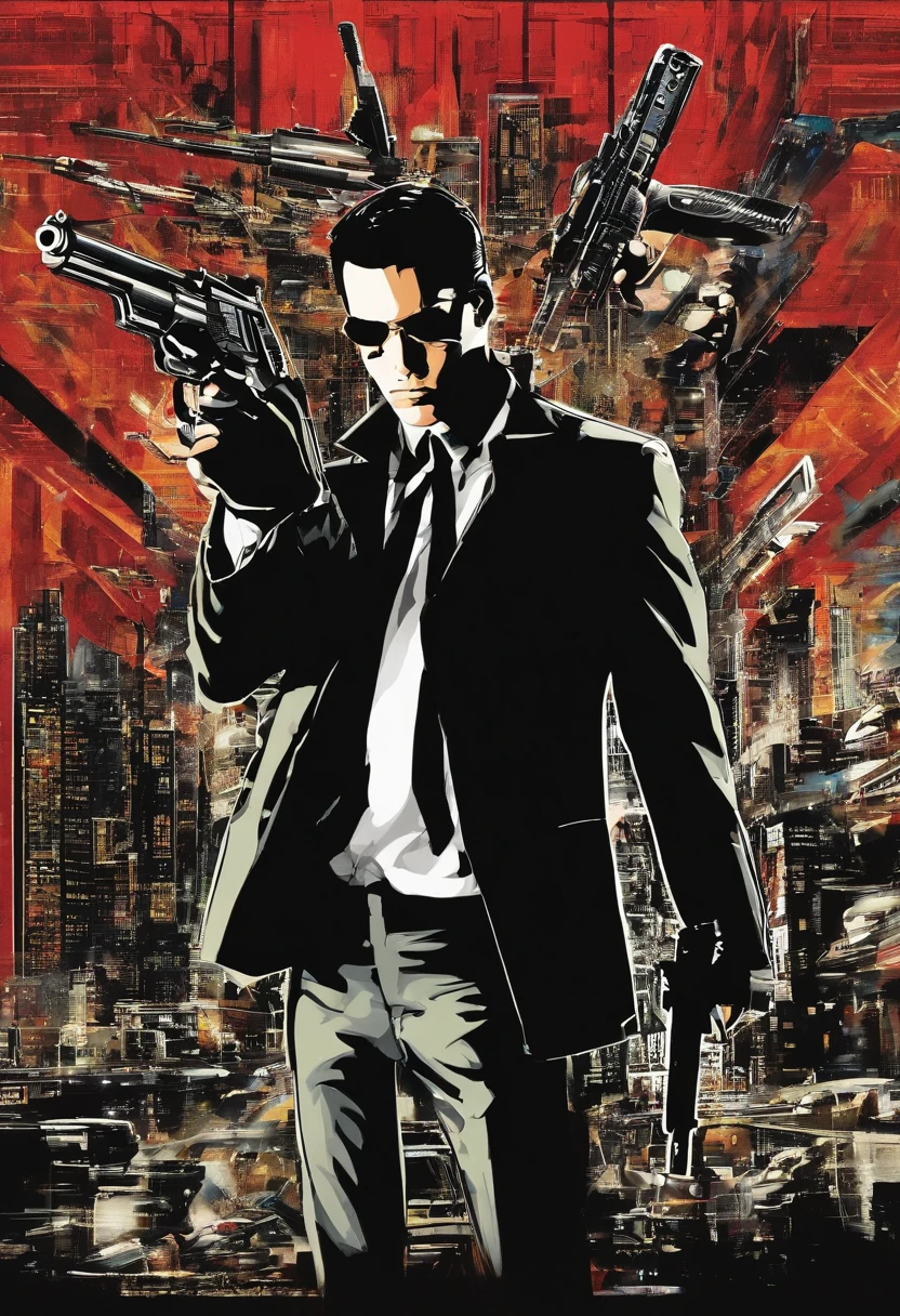 The Arad man in a black suit took aim with a gun, neo from the matrix, neo from matrix, 《The Matrix》cinematic Film still from, from matrix ( 1 9 9 9 ), from matrix(1999), 《The Matrix》Wires in the movie, Still from the matrix (1999), Movies with guns, action scene from the film, The style of the matrix，16k.