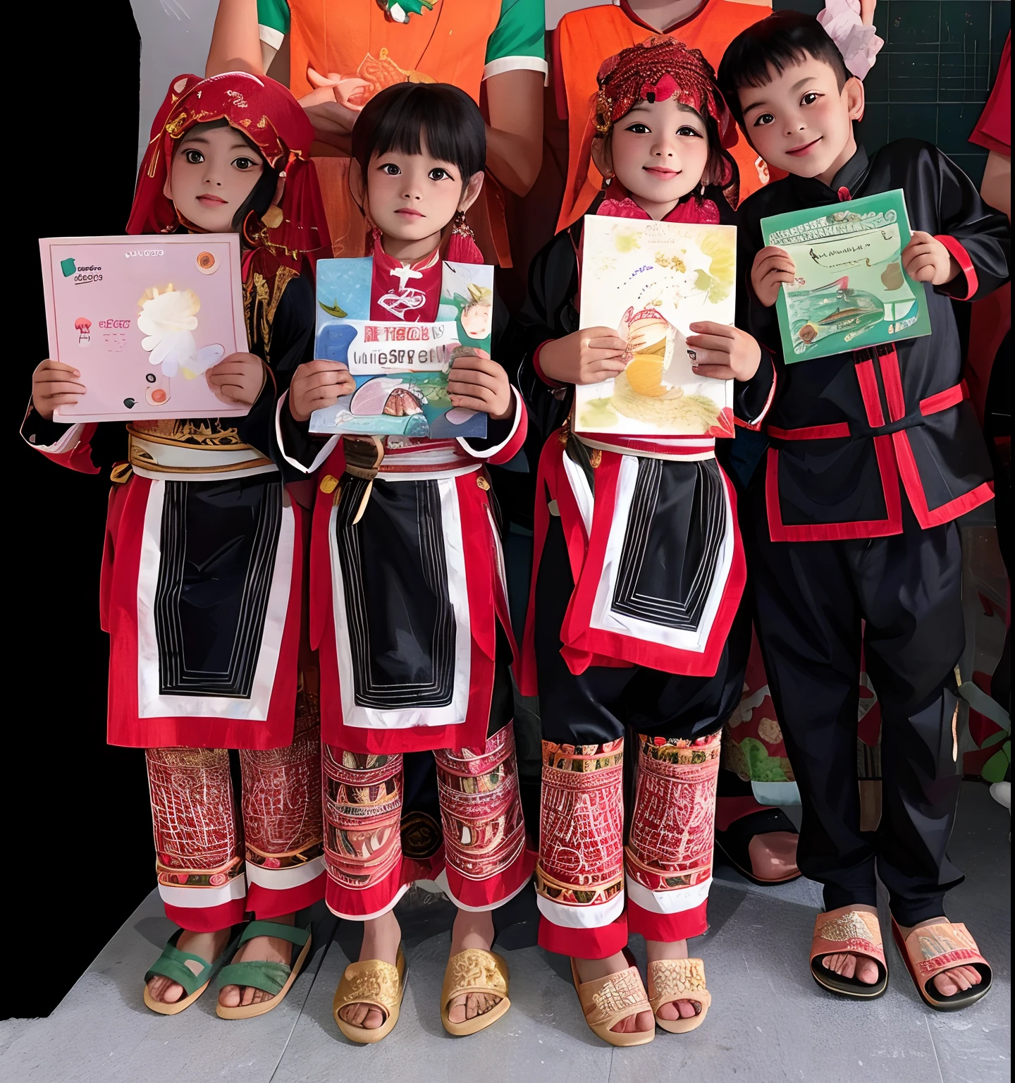Three girls and one boy are holding book and posing, in red and black outfits, traditional tai costume, wearing authentic attire, wearing traditional garb, traditional costume, traditional dress, traditional clothes, traditional clothing, wearing red attire, sukhothai costume, kid, ethnic group, tai costume, traditional, twins, beautiful faces, children, portrait shot, (white background), Happy face