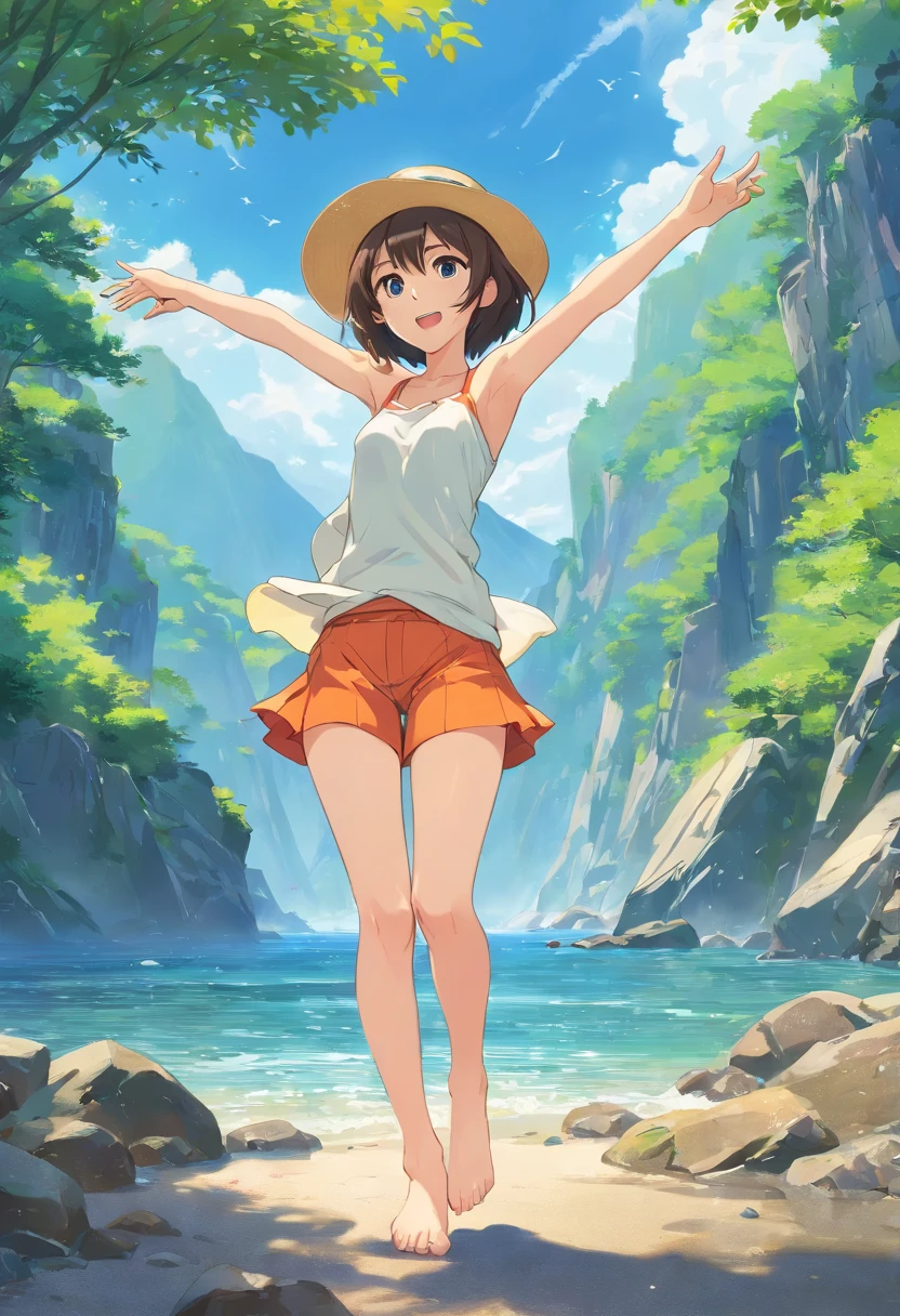 barechested、Arms outstretched、a Japanese cute girl,(((wearing hat:1.5))),great outdoors, plein air, Beautiful white feet and legs. River Fantasy,444 Hz, Beautiful, Breathtaking, Highly detailed, 8K, Use, affectionate, Ultra photo realsisim, Scenery,(((short detailed hair:1.5))),