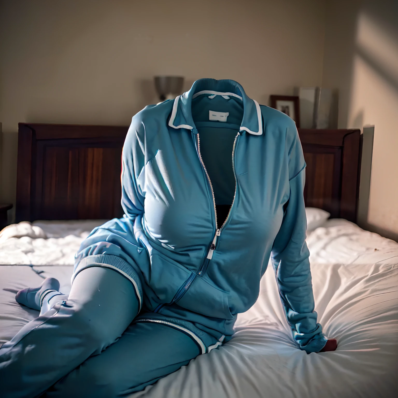 school tracksuits sleeping on bed, ((invisible, no humans:1.5, headless:1.5, handless, legless)), big breast, (close-up to breast), 
(8k, RAW photo, best quality, masterpiece:1.2), (realistic, photo-realistic:1.37),photon mapping, radiosity, ((Hasselblad photography)),physically-based rendering,