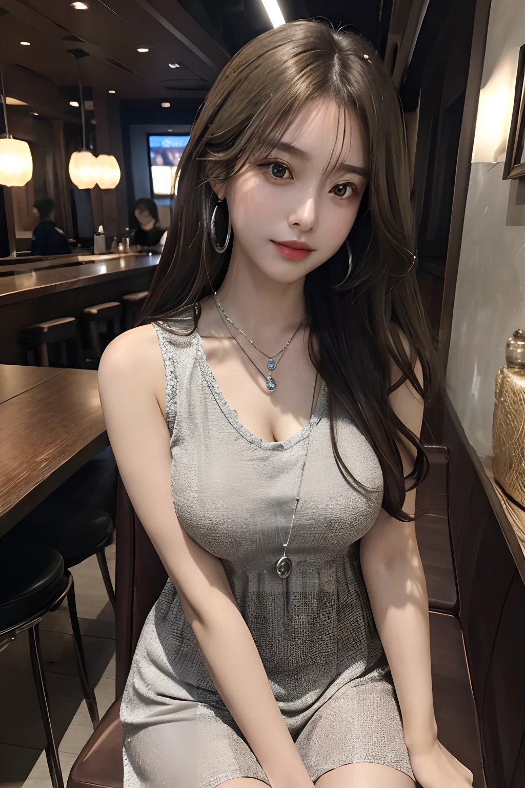 ((3 Girls:1.3)),Light brown fringed hair、Disheveled hair、Light brown eyes、(Dignified Expression)、((casual summer clothes、No shoulders、Sleeveless))、(爆乳:1.4)、Emphasize the valley、(Photorealsitic)、(intricately details:1.2)、(tmasterpiece、:1.3)、(top-quality:1.4)、(超A high resolution:1.2)、超A high resolution、(A detailed eye)、(Detailed facial features)、((Silver necklace))、Sit in a chair at an upscale night bar、emphasizing thighs、beautifullegs