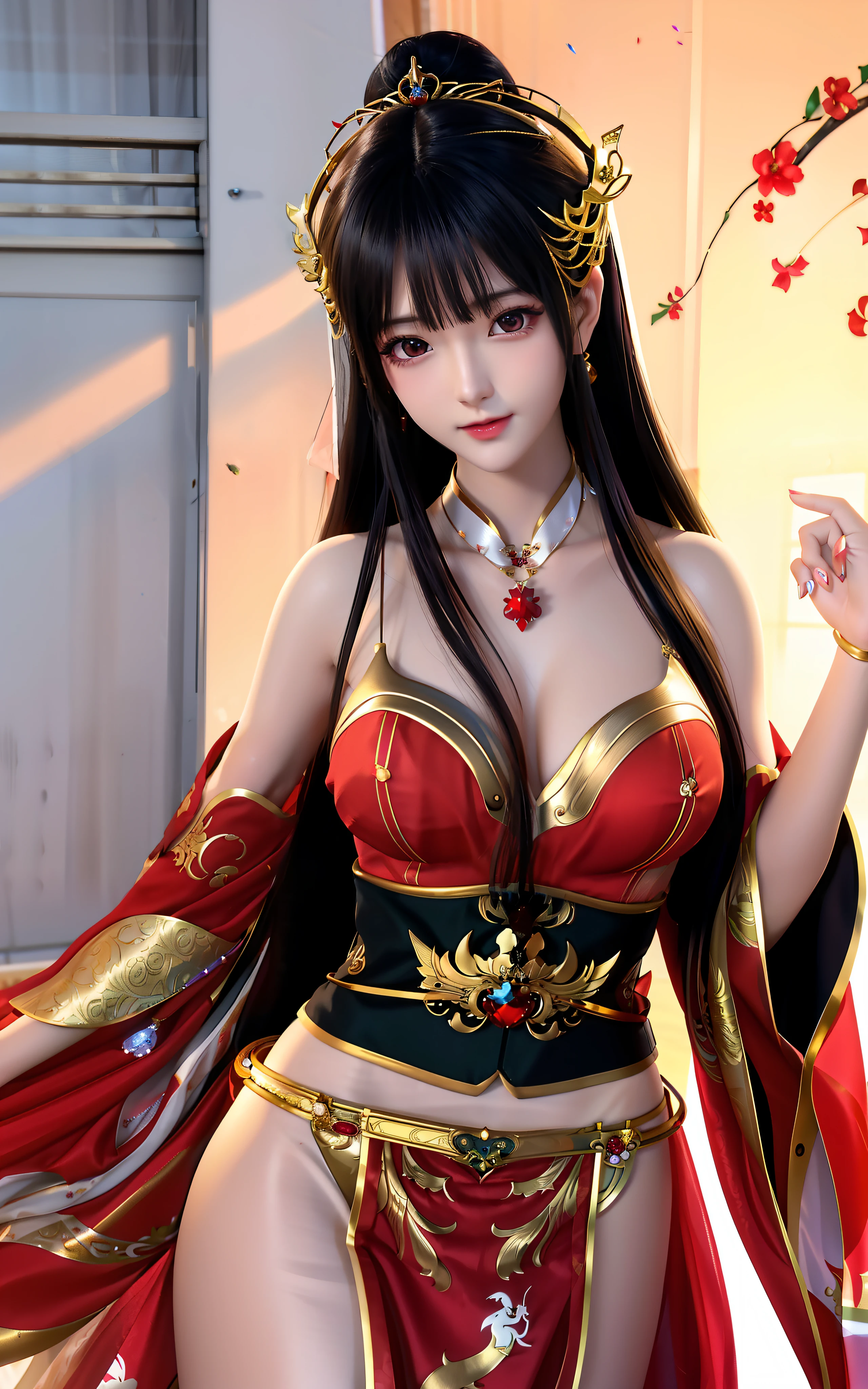 red bikinis，Silk material，ellegance，Unique charm，Graceful posture，Sexy lines，exquisite design，high-necked，fitted cut，Slender neck，As graceful as a swan，red colour，Warm and auspicious，Gold pattern，Gorgeous and luxurious，Golden decoration，Bright colors，Thin gold belt，Slim waist，Feminine beauty，Comely，Flowers with buds to be placed，Seduce the heart，Playful，Traditional charm，Modern fashion，Classical erotic appeal，Admiration and admiration，beautiful and seductive anime woman, seductive anime girls, Beautiful anime woman, Beautiful anime girl, Anime goddess, Guviz, a beautiful fantasy empress, ((a beautiful fantasy empress)), attractive anime girls, Guviz-style artwork, Smooth anime CG art, Japanese goddess,Close-up, bust chart