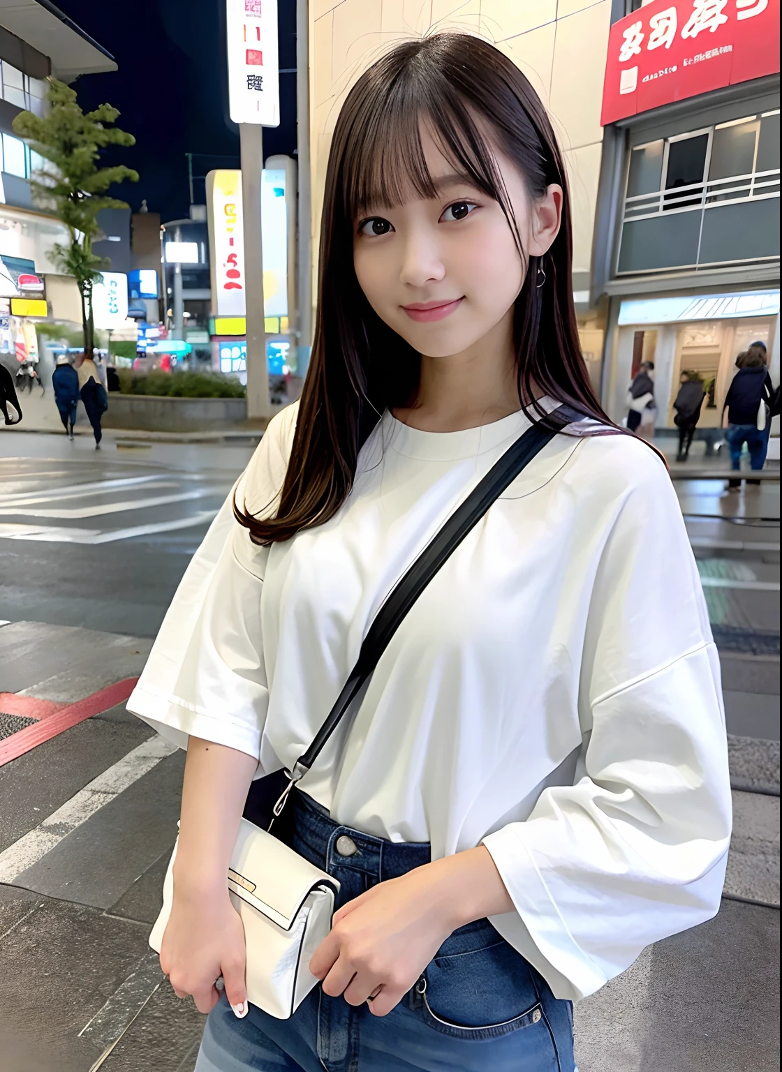 ,white shirt,jeans,Shoulder bag,In front of Gotokuji Station at night,My hair is wet from the rain,My clothes are wet from the rain.Body line weight approx... 55 km,160 cm tall,