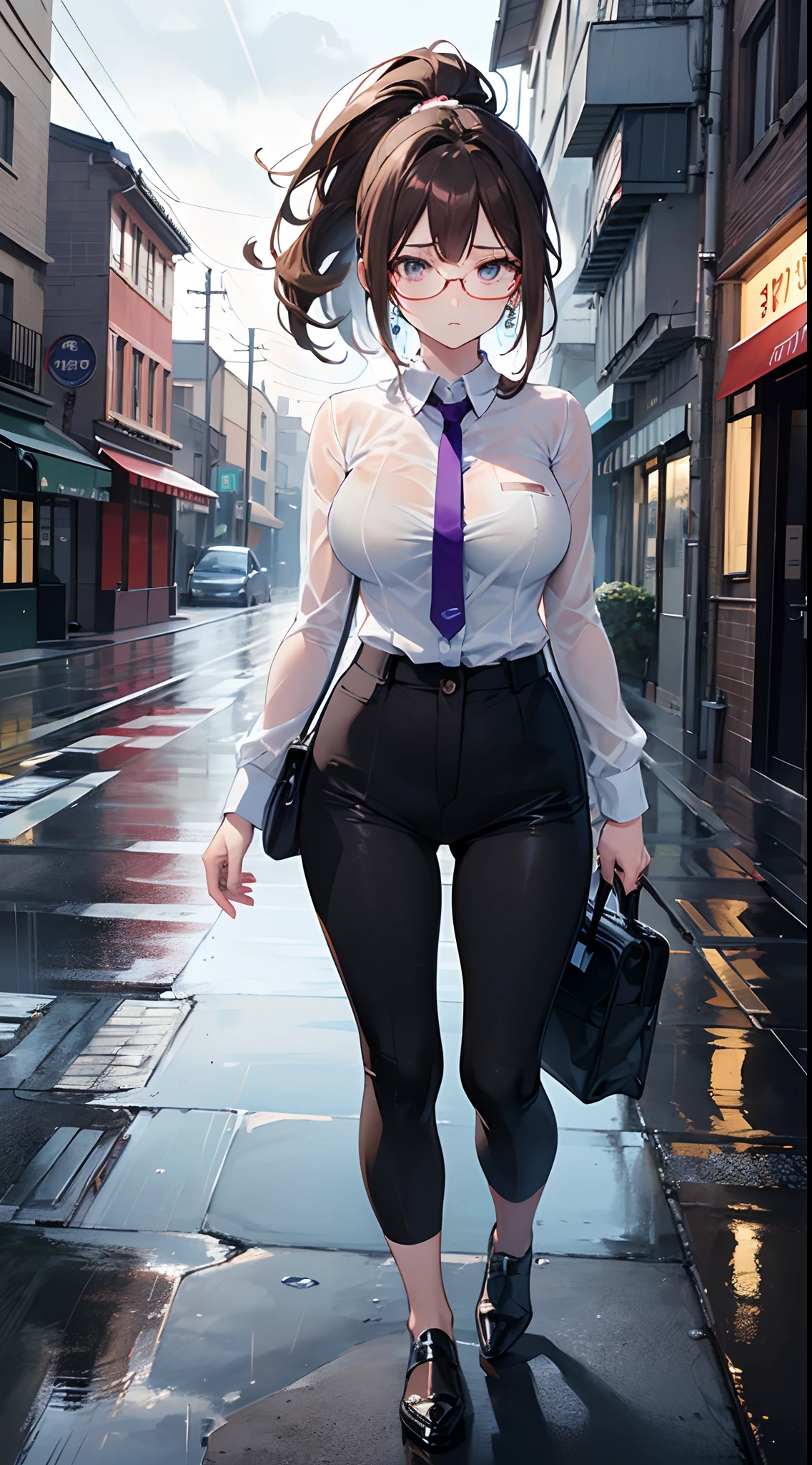 ((masutepiece)), ((Best Quality)), (Ultra-detailed), ((kawaii)), Cute, (lovely), ((Sexy)), (Ero), ((Extremely detailed)), 4K, (8K), Best Quality, (Beautiful), Anime style, Upper body, look down from above, full body focus, city, Town, (((put up an umbrella ))), Night, 1girl in, Solo, Suit, (((Beautiful dark brown hair))), Beautiful purple eyes, ((Beautiful eyes with highlights )), White-skinned, Ponytail, Transparent hair, translucent hair, large full breasts, Glasses, neck tie, tie, earrings, Troubled expression, Wind-effect, rainy, Rain, shiny-glistening, gleaming, wetted by water, reflection effect
