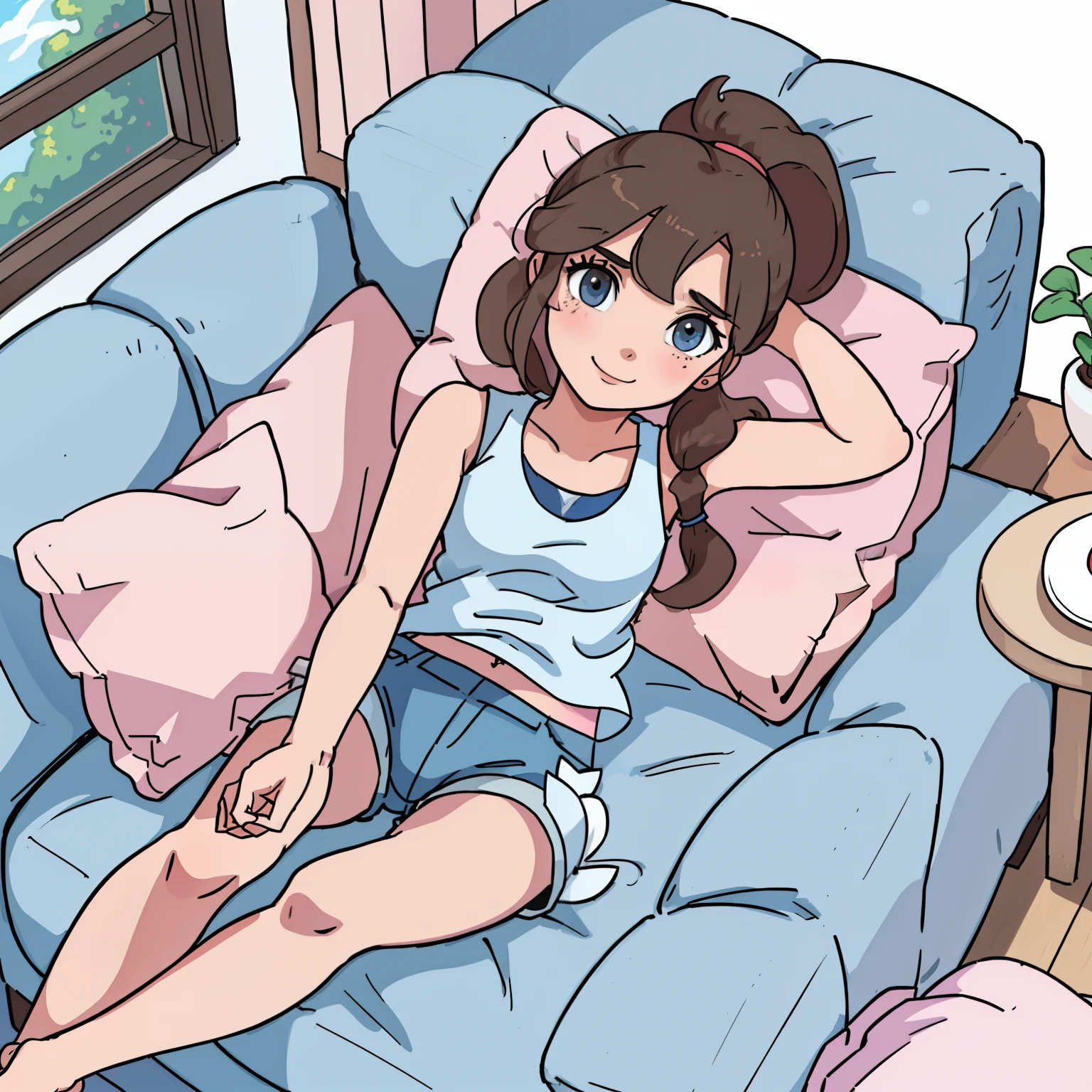 [hilda_(Pokemon)], ((High quality)), ((HD)), ((detailed shading)), ((beautiful solo portrait)), ((bird's-eye view)), ((full body)), ((anime)), ((intricate details)), {attractive woman, (brown hair), (long ponytail), (beautiful blue eyes), (cute smile), beautiful feet, beautiful legs, beautiful lips}, {(white tank top), (pink lounge shorts)}, {(on couch), (laying on back), (head on pillow), (arms behind head)}, [background; (living room), (window), (sunny blue sky)]