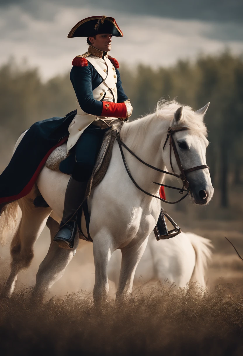 painting of Napoleon Bonaparte sitting on his white horse, on battle field,
