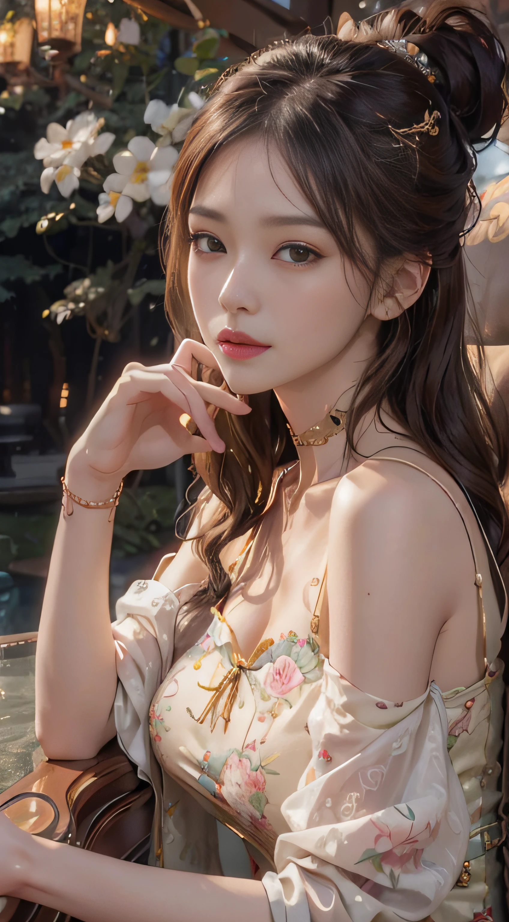 (8K, Best Picture, Ultra-Detailed: 1.37), (Athena), 18, (free-spirited Javanese girl), embraces a bohemian festival vibe. She is wearing a dress. The high-resolution image captures ultra-detailed realism and highlights Athena's seductive eyes, long eyelashes, and smooth skin. She plays the piano.