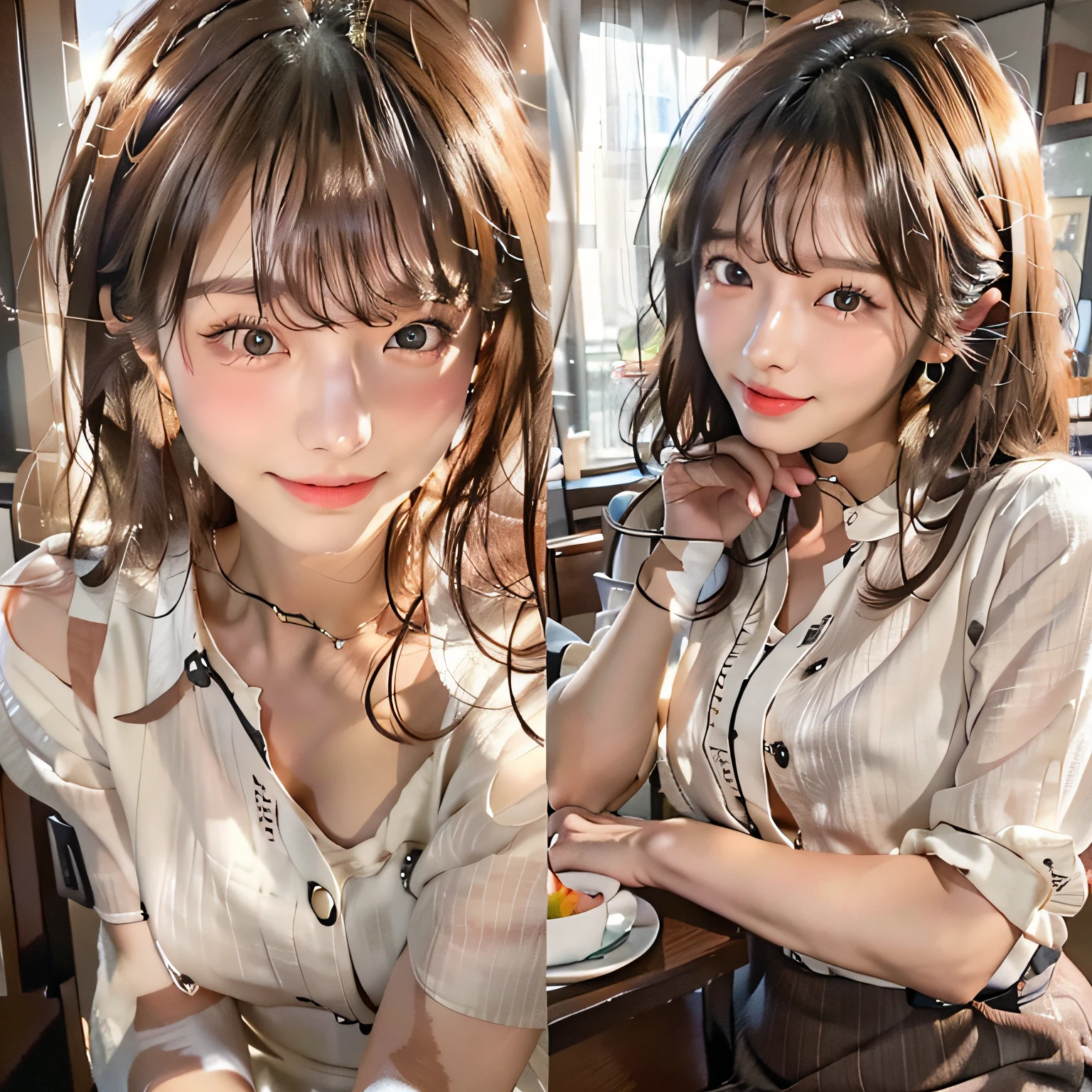 (((1girl in、23years old、Height 1.7 m、delicated face、Detailed face、Beautiful Japan model、Slender body:1.2、(((round and short face、a small face)))、Hazel's Realistic Eyes、((drooing eyes:1.2 )), Real and sexy thick lips:1.3、real looking skin、Perfect Style、((Smaller chest:1.2))、thin waist:1.2、Small butt:1.4、Thin leg:1.2、long legged:1.1)))、long-haired of beautiful bronze color,,,,、bangss、Eyebrows of the same color as the hair、ssmile、cheeks are flushed:1.5、Looking at Viewer, (of the highest quality、in 8K、Photorealsitic:1.4、Raw photography、超A high resolution:1.4、Top image quality: 1.4、absurderes, ​master piece, Ultra-detailed、A hyper-realistic)、An ultra - realstic face、high detailing、the golden ratio、Cinematic、Super beautiful detailed face, Pencil_Dress,White Sheer Blouse Shirt, Beige silk camisole, (Wide Open Blouse Shirt:1.25), Parted lips, Happy smile, Stylish restaurant, Salad with tea and pasta on the table、Dark blue pinstripe pencil skirt、Beige Sandals High Heels、white_Shirt、Sitting from the other side of the table looking at me, Fiddling with their under the table、wet inside thghs, ecstacy face, orgasm face, Ecstatic look、Flushed face、A face that puts up with something