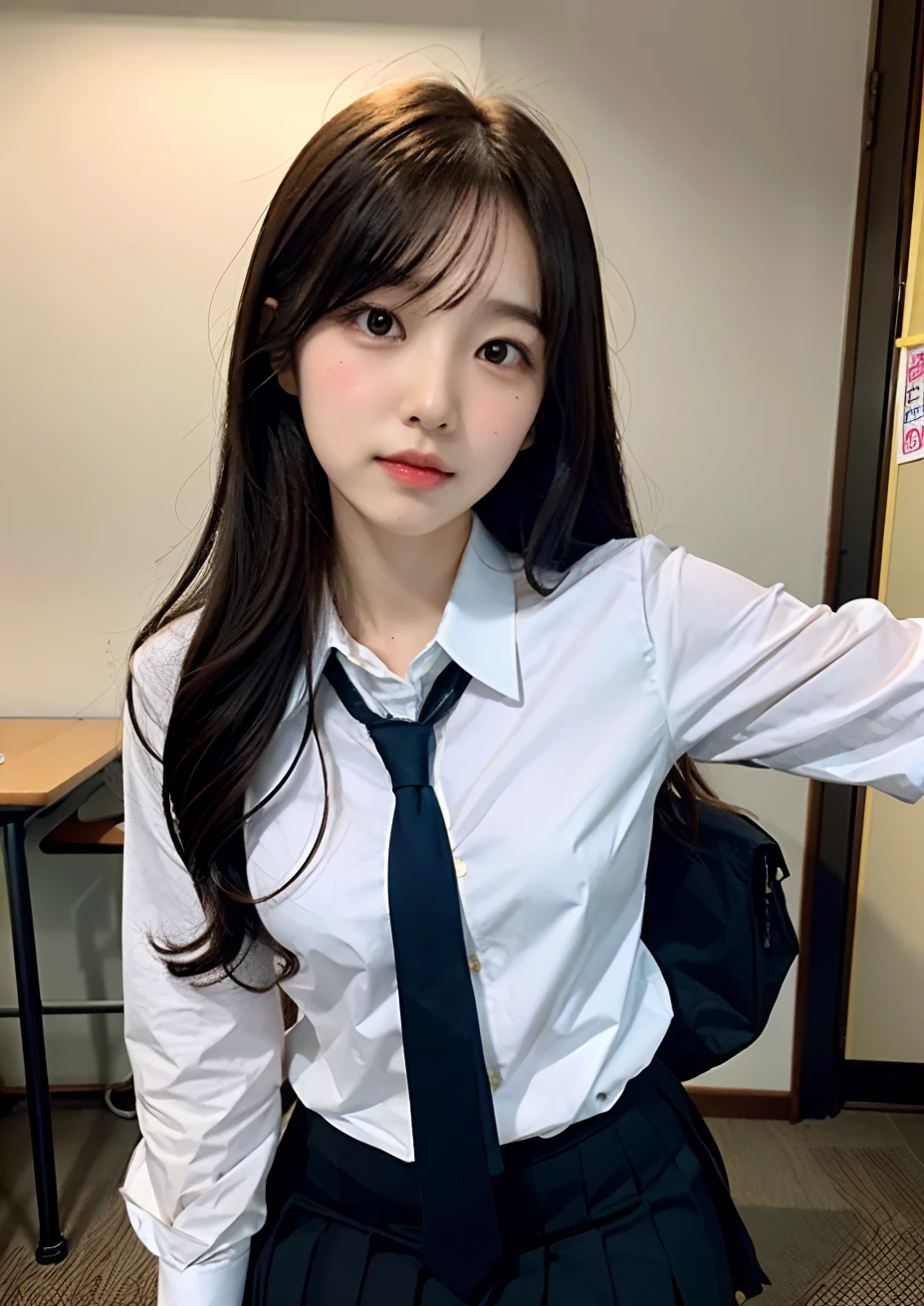 There is a woman taking a picture wearing a tie and skirt, japanese girl school uniform, aya takano color style, wearing japanese school uniform, hana yata, Ayaka, Sui Ishida, Aya Takano, Japan school uniform, Shiori Teshirogi, Ayami Kojima Amano, Rin, Erika Ikuta, Rei Hiroe、High School Classroom、Well-groomed eyes、