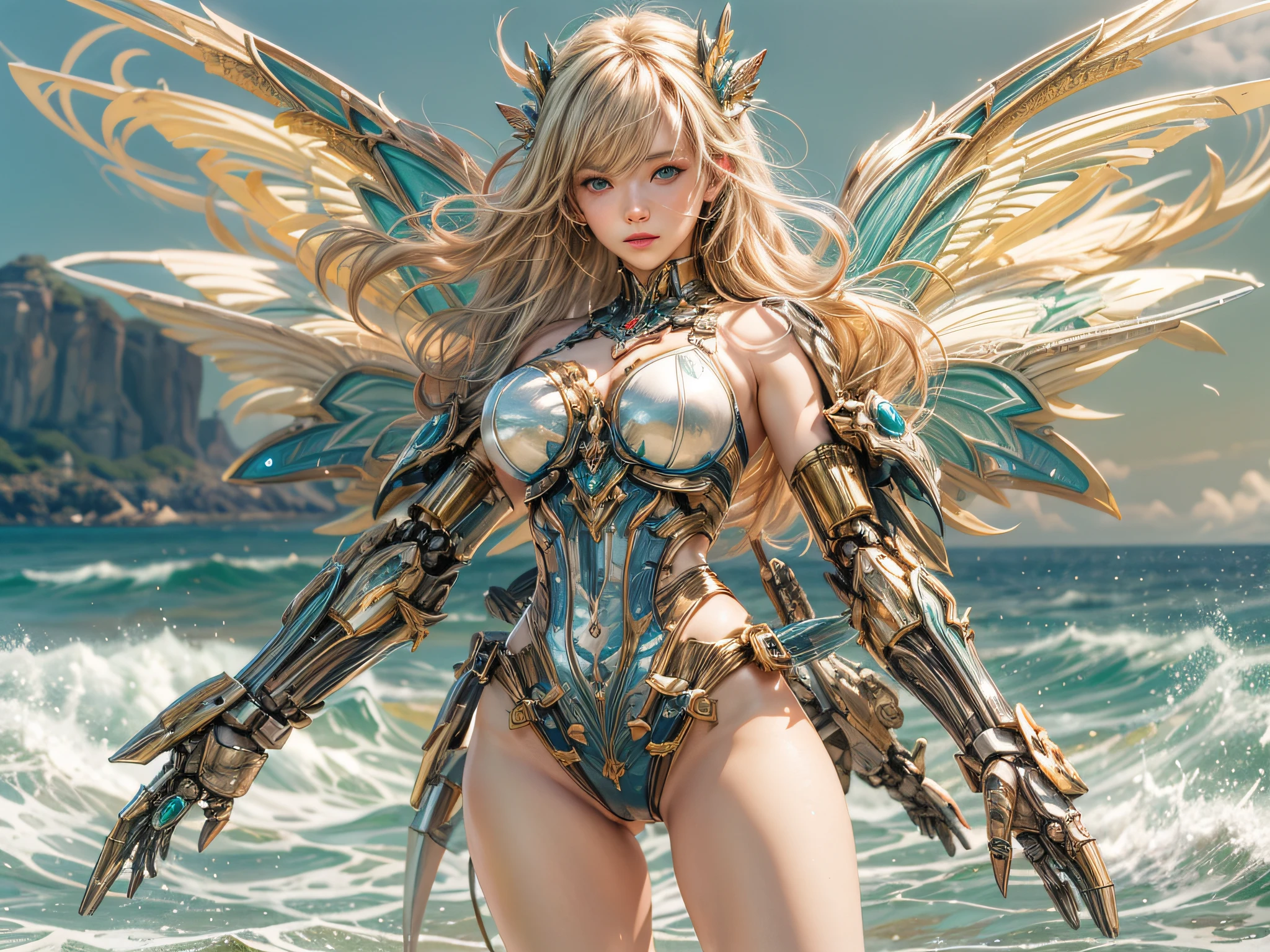 a picture of a woman mecha fairy having a tan at the sea, full body, an exquisite beautiful (ultra detailed, Masterpiece, best quality: 1.3) female mecha fairy, dynamic angle (best detailed, Masterpiece, best quality), best detailed face (best detailed, Masterpiece, best quality), ultra feminine (best detailed, Masterpiece, best quality), blond hair, long hair, braided hair, green eyes color, fairy_wings spread bright colors (mechanical fairyl wings: 1.2), (wearing bathing suit: 1.4), standing at the sea, wavy sea, sands, day light, sun rising, fun atmosphere, ultra wide angle shot, high details, fantasy art, RPG art best quality, 16k, [ultra detailed], masterpiece, best quality, (ultra detailed), full body, ultra wide shot, photorealistic, mecha musume
