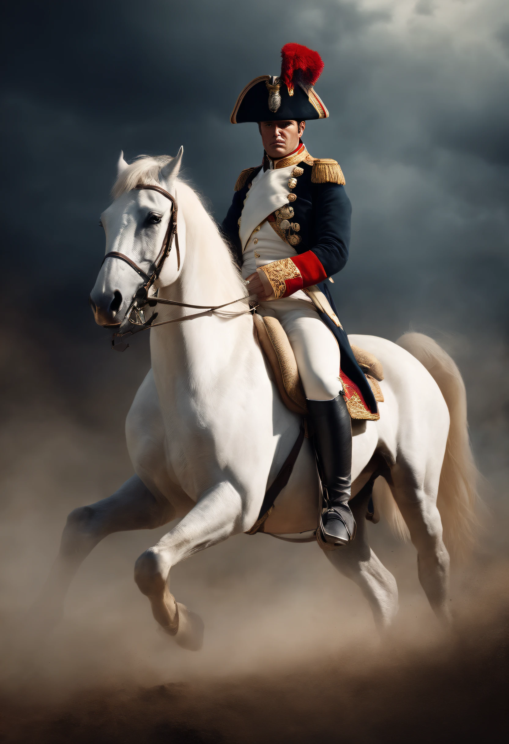 painting of Napoleon Bonaparte sitting on his white horse, on battle field,