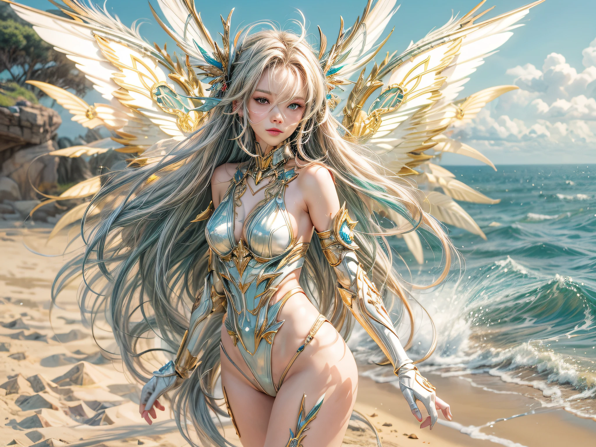 a picture of a woman mecha fairy having a tan at the sea, full body, an exquisite beautiful (ultra detailed, Masterpiece, best quality: 1.3) female mecha fairy, dynamic angle (best detailed, Masterpiece, best quality), best detailed face (best detailed, Masterpiece, best quality), ultra feminine (best detailed, Masterpiece, best quality), blond hair, long hair, braided hair, green eyes color, fairy_wings spread bright colors (mechanical fairyl wings: 1.2), (wearing bathing suit: 1.4), standing at the sea, wavy sea, sands, day light, sun rising, fun atmosphere, ultra wide angle shot, high details, fantasy art, RPG art best quality, 16k, [ultra detailed], masterpiece, best quality, (ultra detailed), full body, ultra wide shot, photorealistic, mecha musume