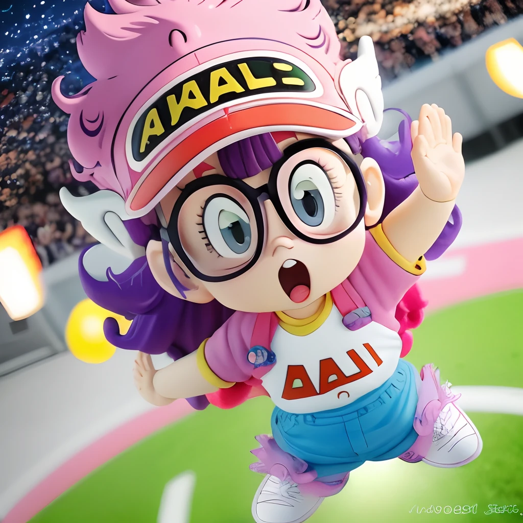 Arale-chan, anime-style, vibrant colors, dynamic action, detailed eyes, lively pose, cute outfit, playful expression, colorful background, high-res artwork, bokeh, soft lighting